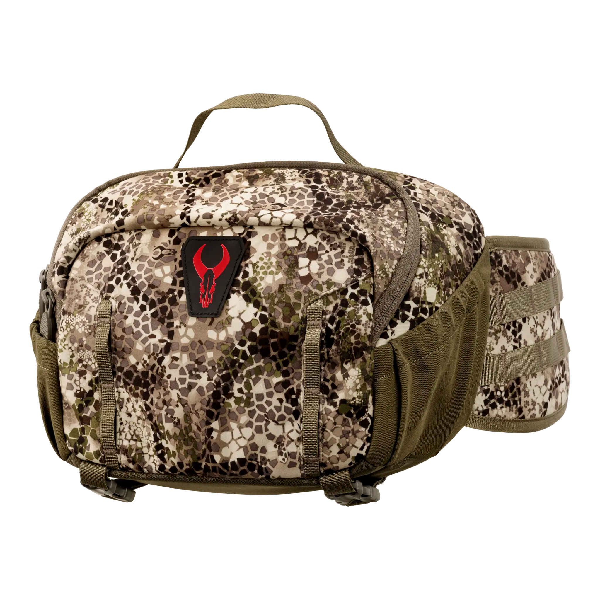 Camo waist pack with Moonrivers skull logo, top handle, side pockets, and adjustable straps for outdoor use.