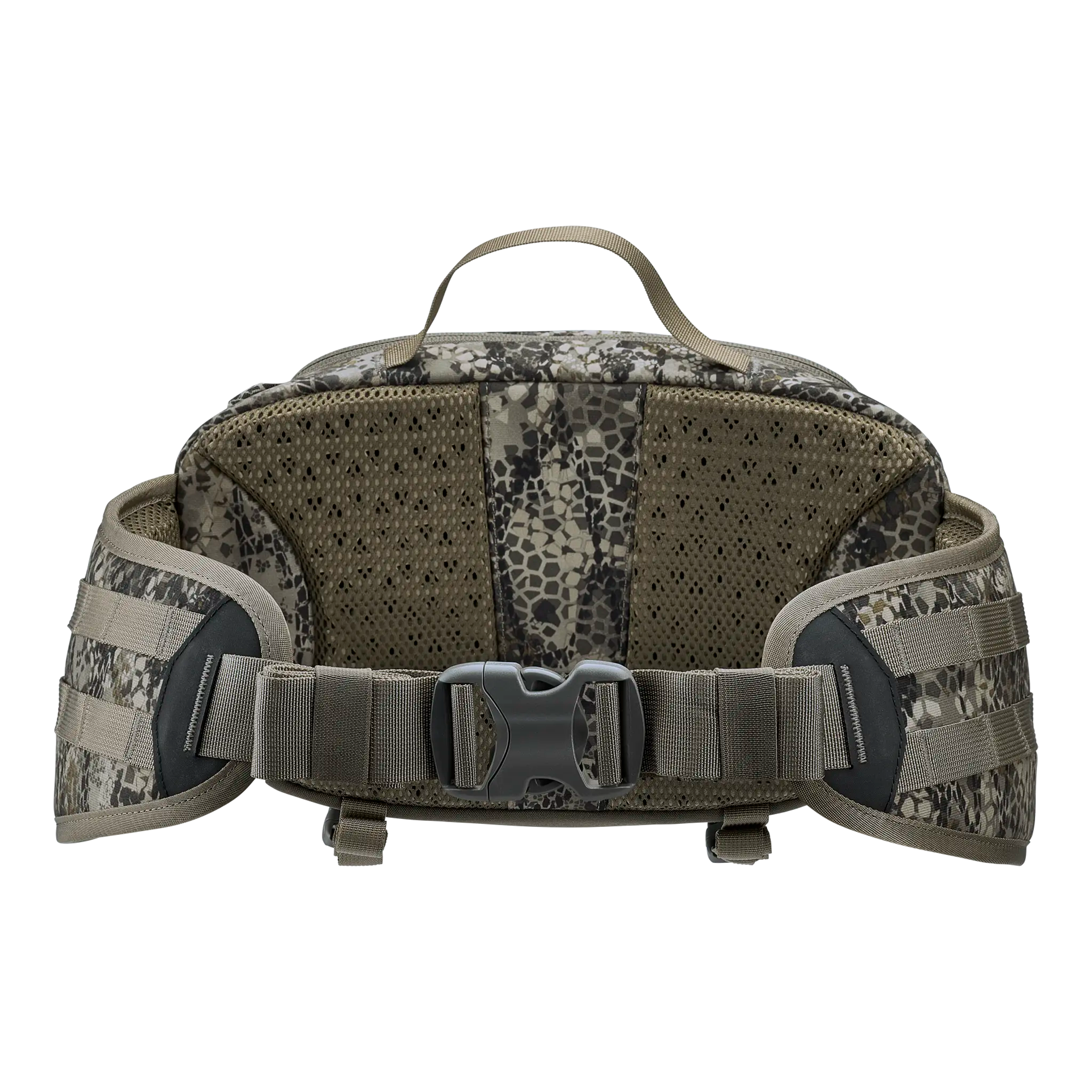 Camo-patterned waist pack with mesh padding, adjustable belt, and Moonrivers Logo; designed for outdoor use.