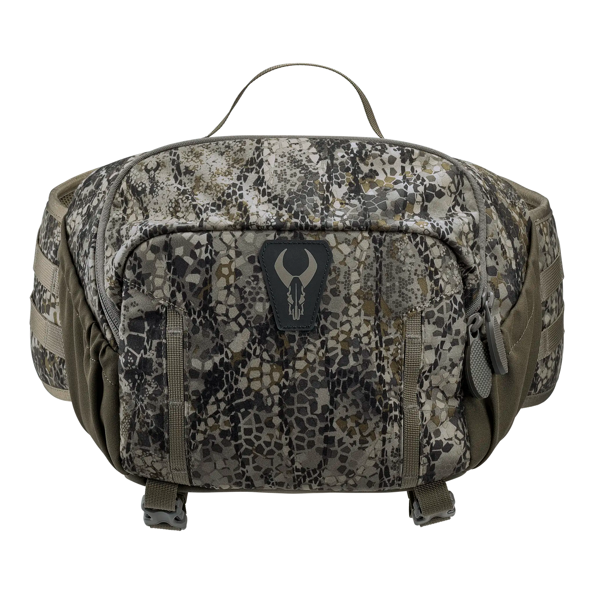Camouflage waist pack with Moonrivers skull logo, front zipper pockets, and top handle; designed for outdoor use.