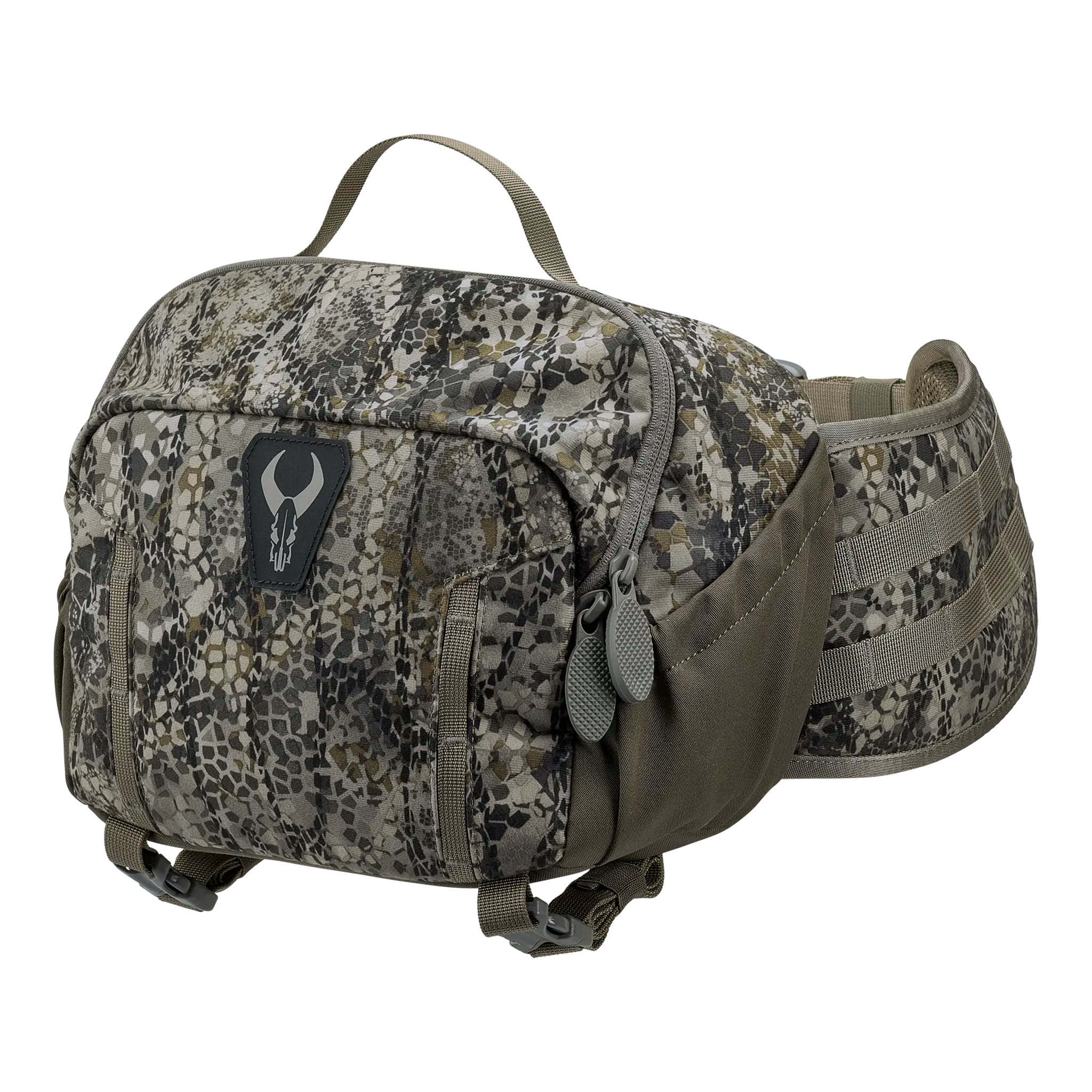 Camouflage waist pack with Moonrivers skull logo, dual zippers, and adjustable straps for outdoor or hunting use.