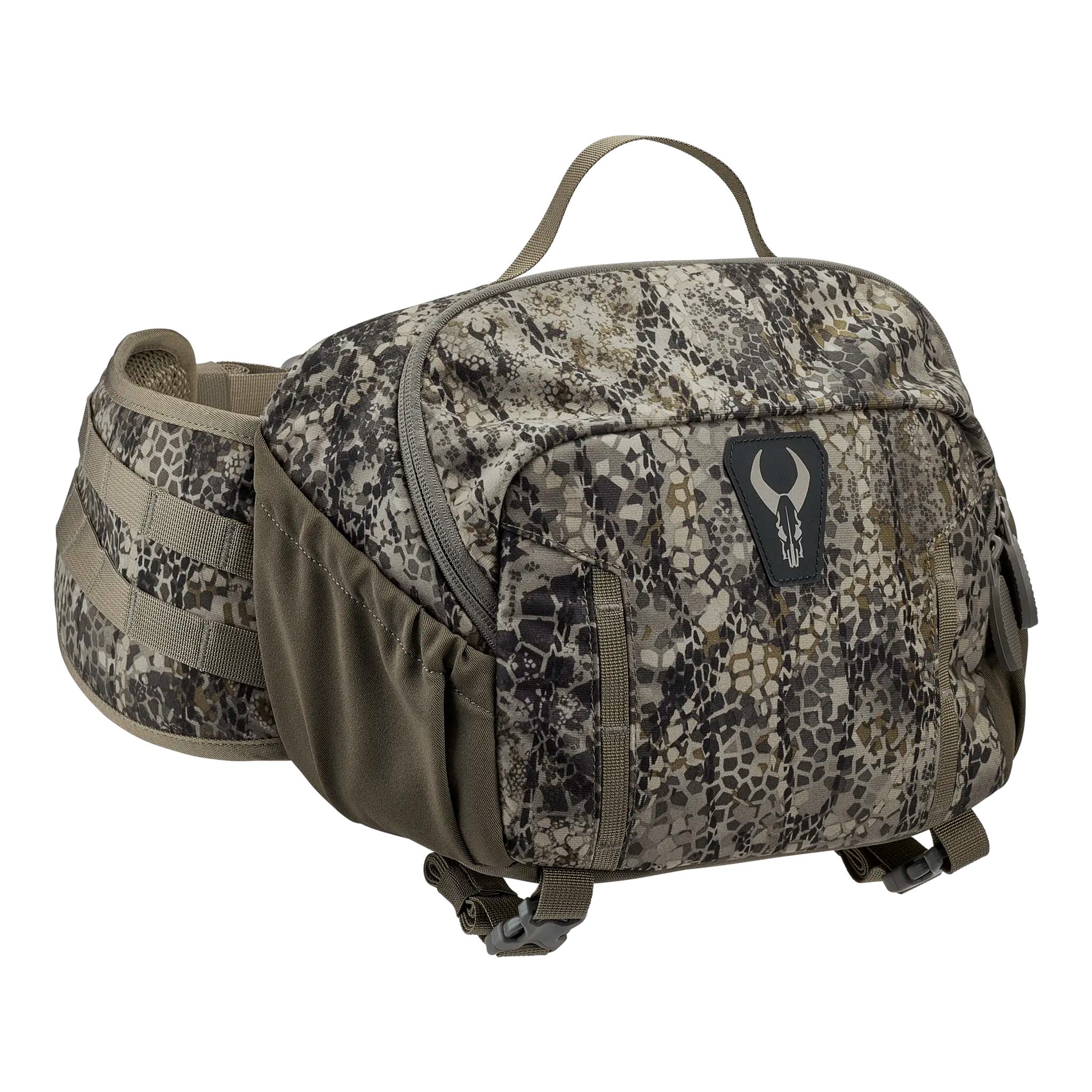 Camo waist pack with Moonrivers skull logo, zippered pockets, and adjustable straps for outdoor or hunting use.