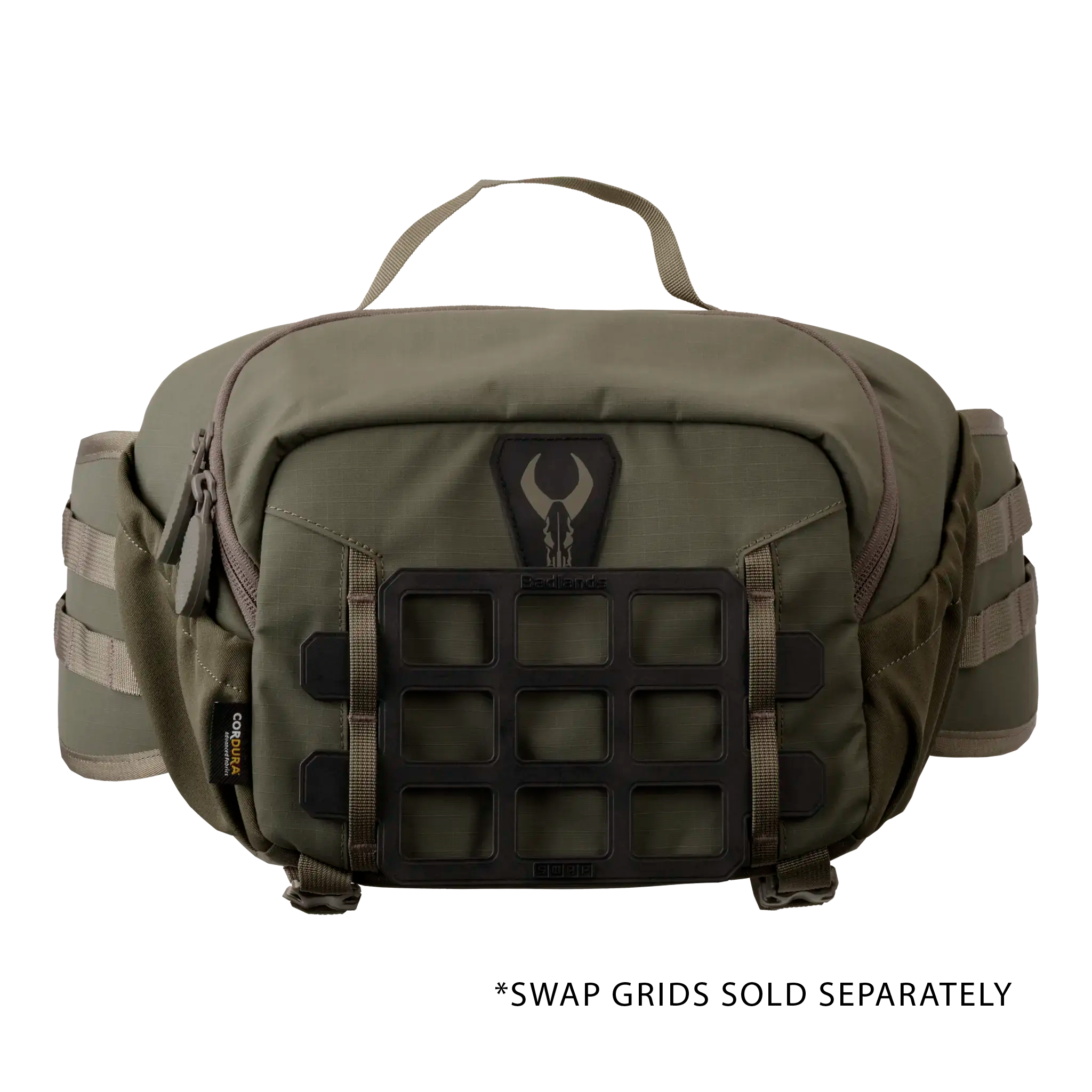 Olive green waist pack with Moonrivers skull logo, front grid panel, side straps, and top handle; durable outdoor design.