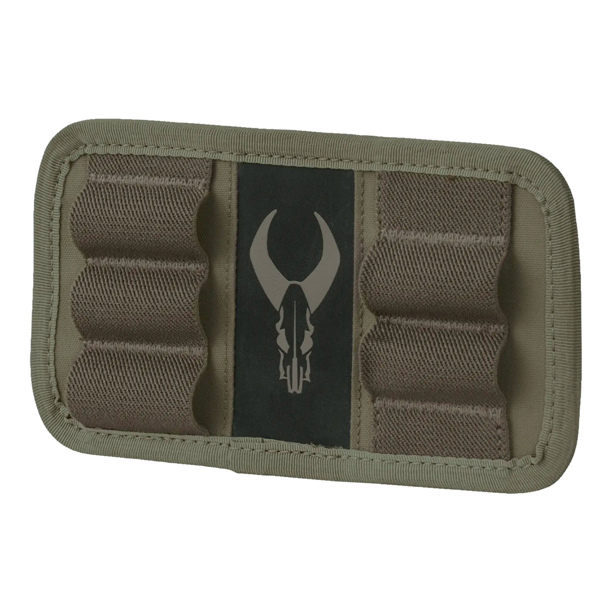Moonrivers ammo holder with logo; tan fabric, elastic loops for cartridges, ADA-friendly design for easy access.
