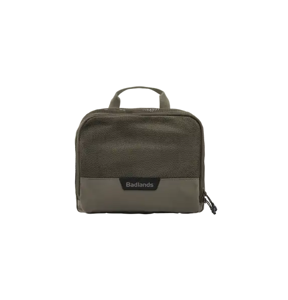 Tan Moonrivers travel case with top handle and front zipper, featuring the Moonrivers logo on the front.