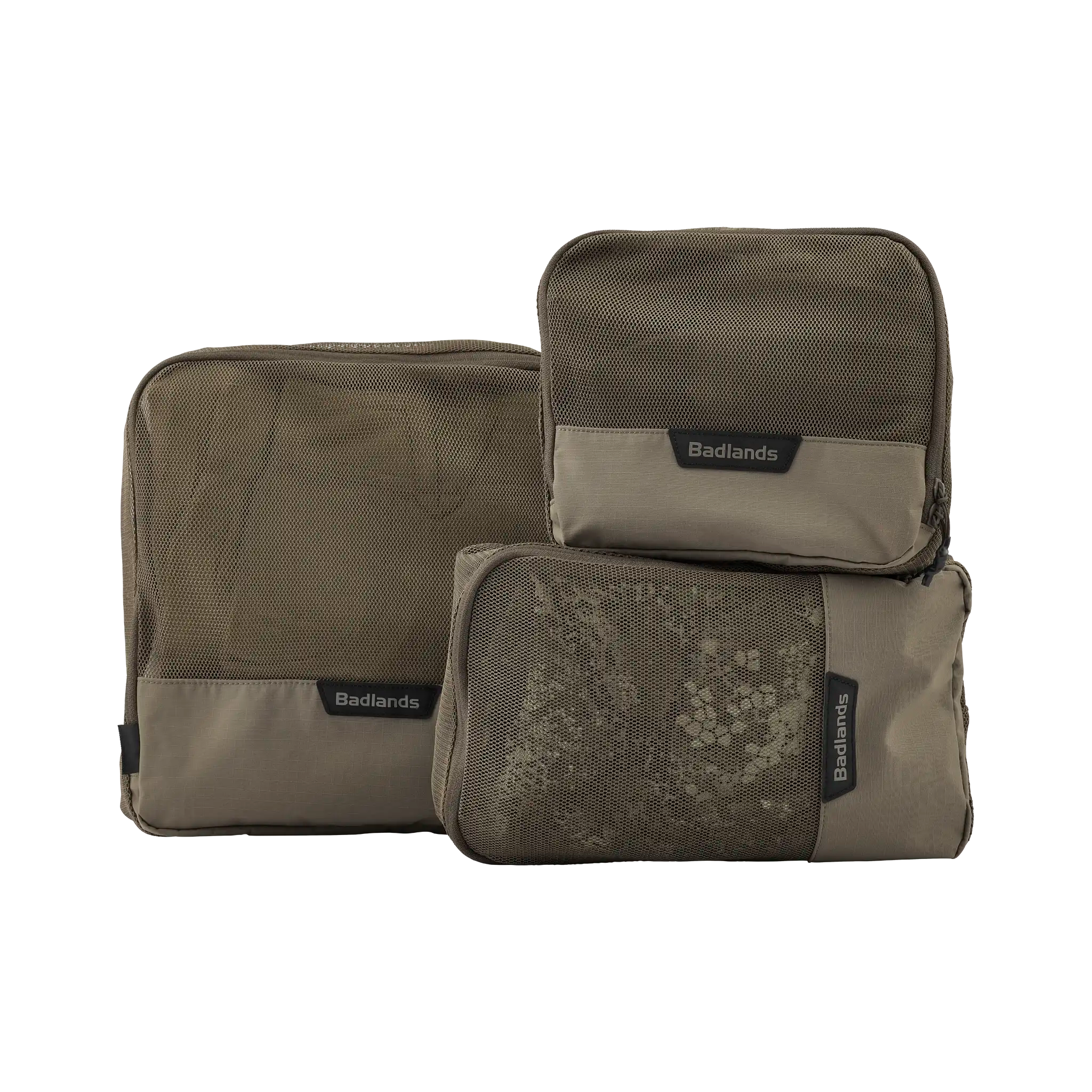 Three tan Moonrivers packing cubes with mesh fronts and logo tags, designed for organized gear storage.