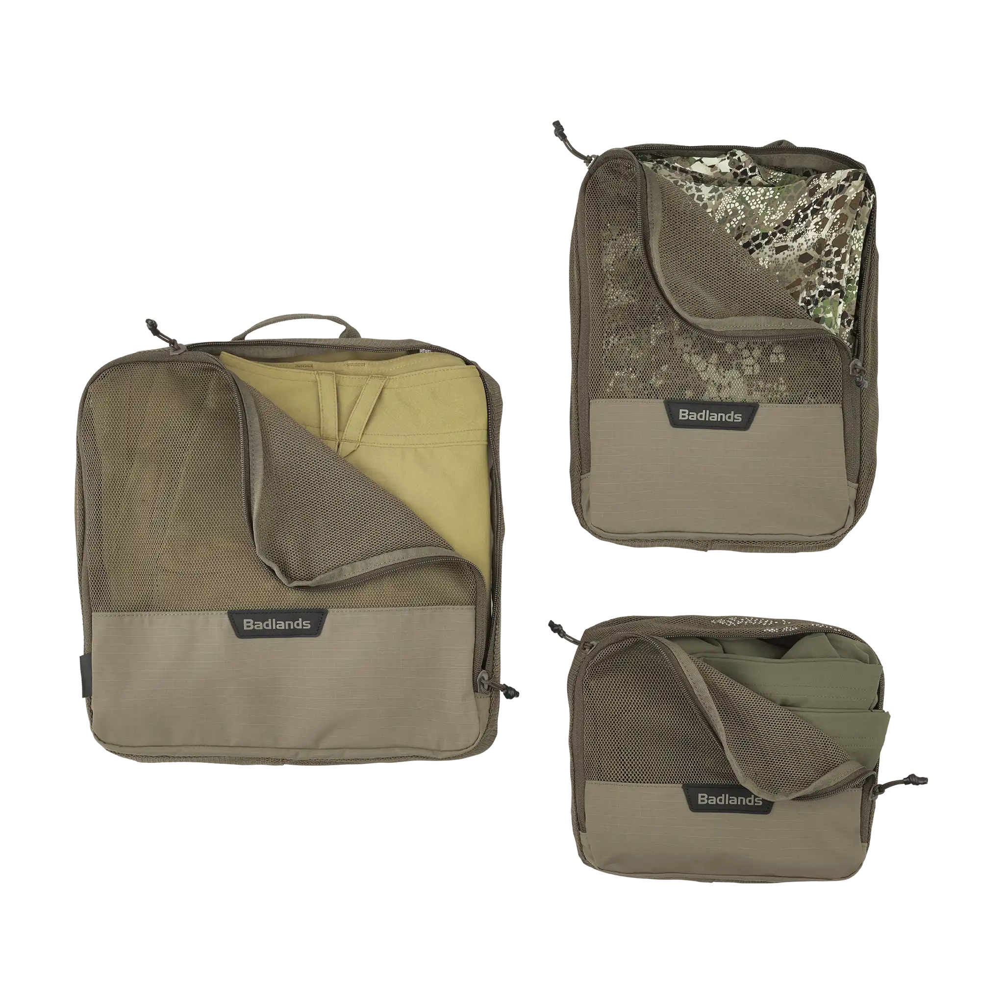 Three Moonrivers packing cubes in tan and camo, mesh zippered fronts, labeled with Moonrivers logo for organized gear storage.