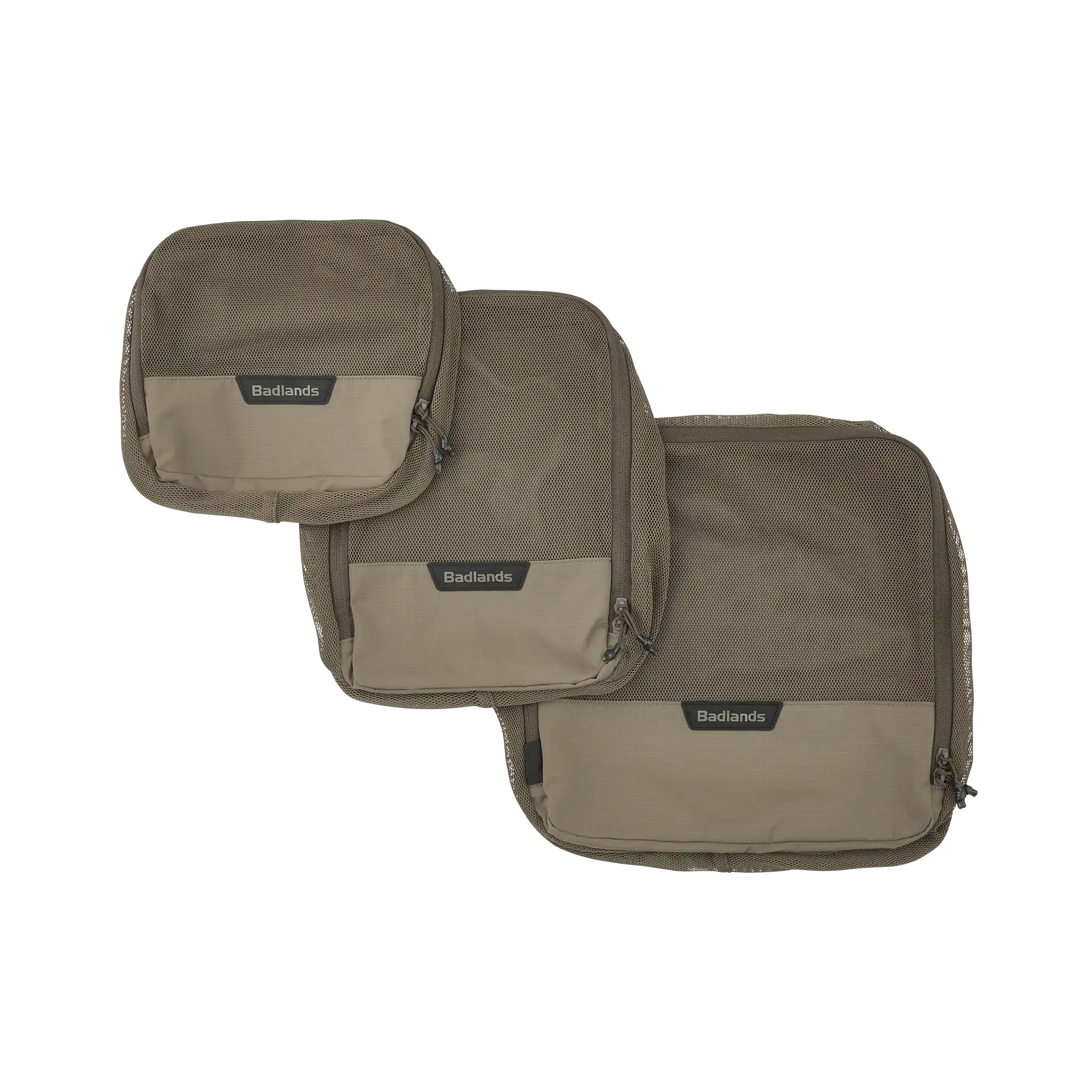 Three tan Moonrivers packing cubes with zippers, mesh fronts, and Moonrivers logo labels, arranged by size.