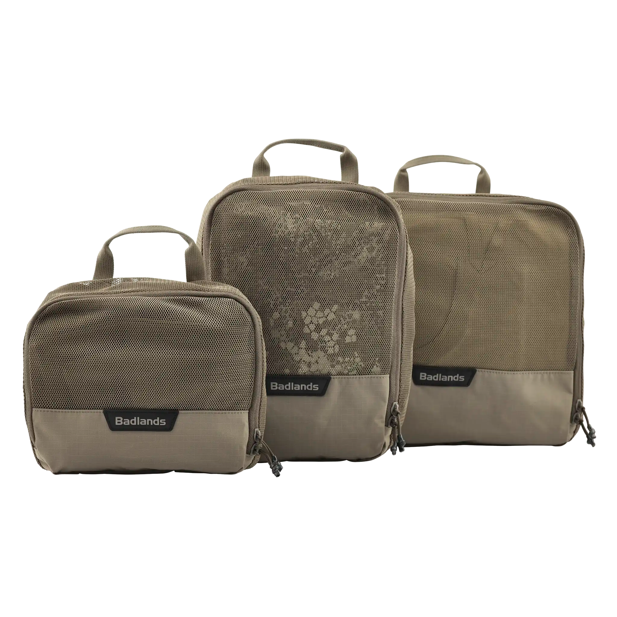 Three tan Moonrivers packing cubes with mesh fronts and handles, labeled with the Moonrivers logo for easy gear organization.