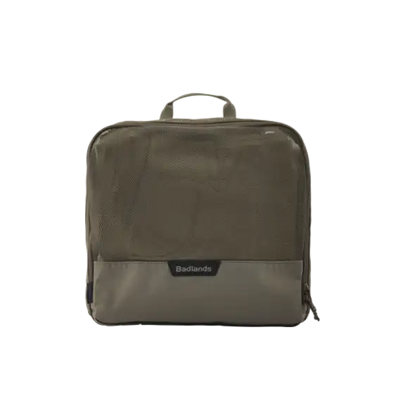 Tan Moonrivers packing cube with handle, mesh front, and Moonrivers logo for organized travel or gear storage.