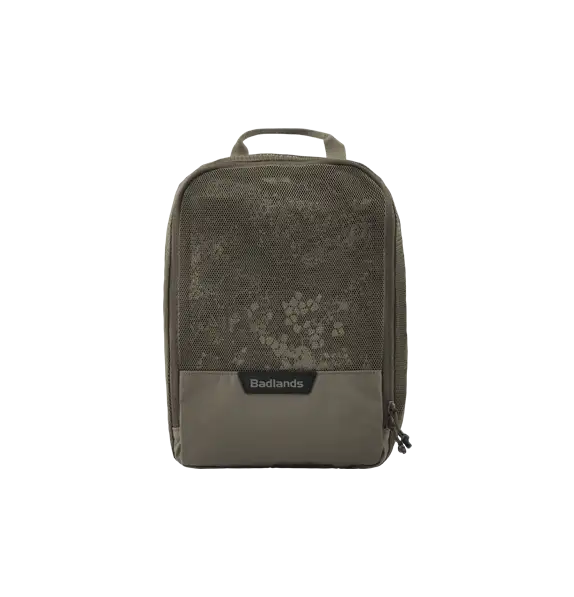 Tan Moonrivers backpack with top handle, front zipper, and camo pattern. Moonrivers logo displayed on the front pocket.