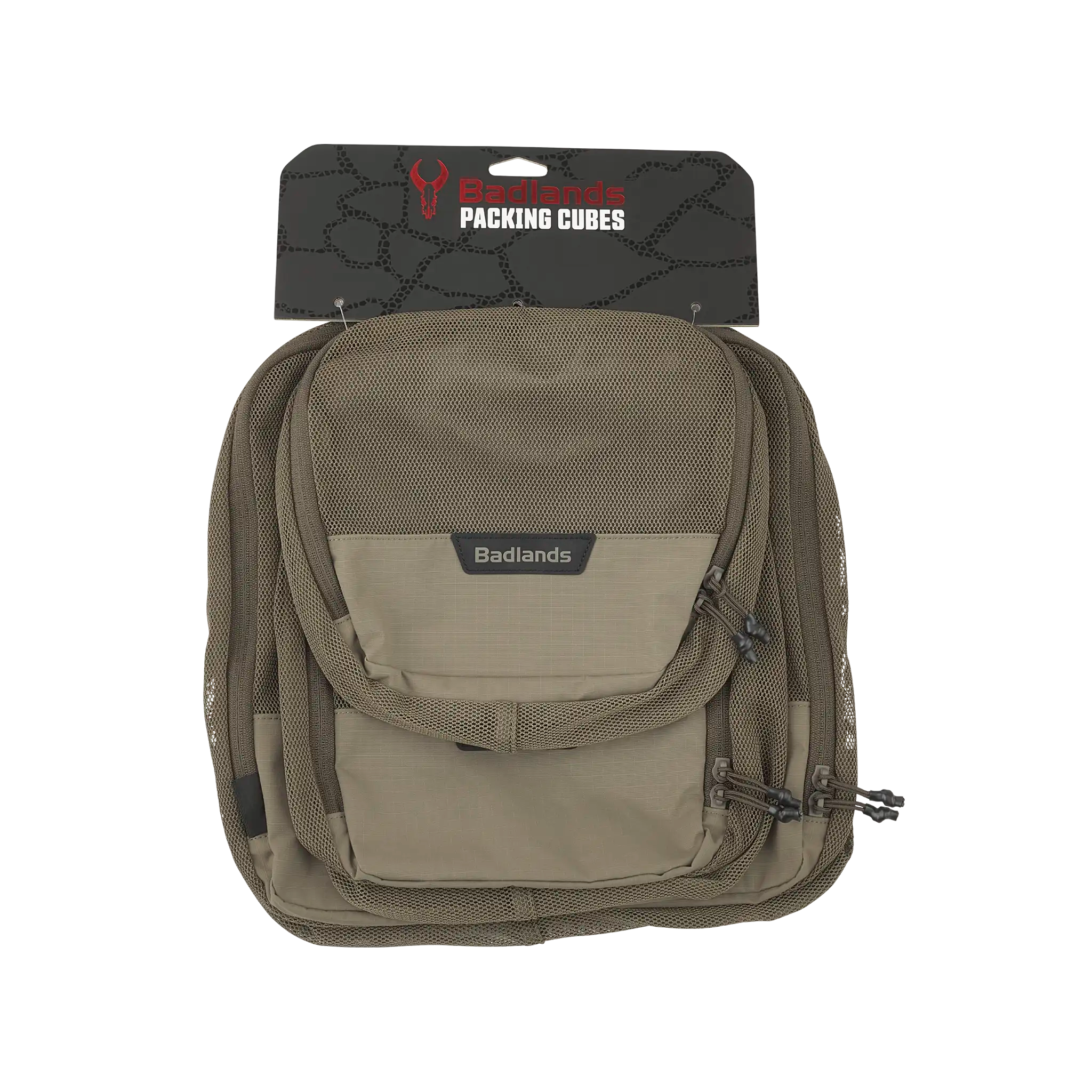 Tan Moonrivers packing cubes with zippers, mesh pocket, and Moonrivers skull logo on the packaging for organized storage.