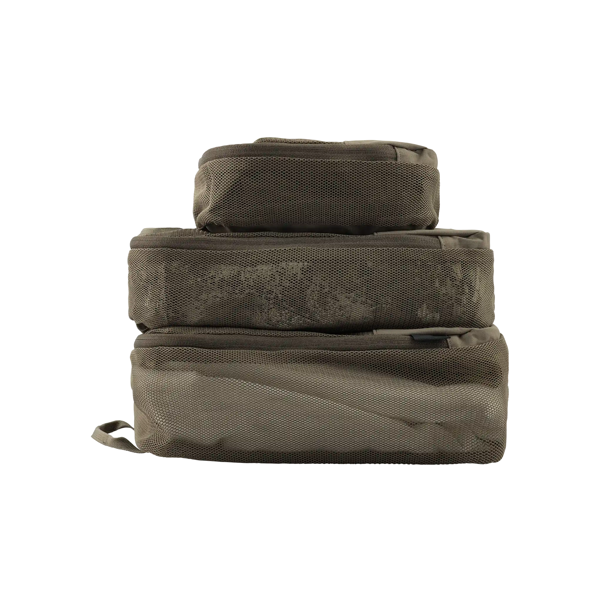 Three stacked, olive mesh packing cubes for organized storage; accessible zippers, ADA-friendly design.
