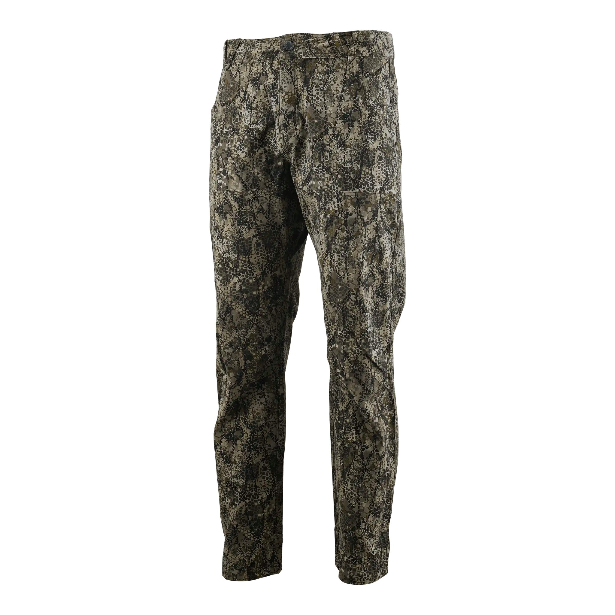 Camo hunting pants with Moonrivers Logo, straight-leg fit, earth-tone pattern, designed for outdoor use.