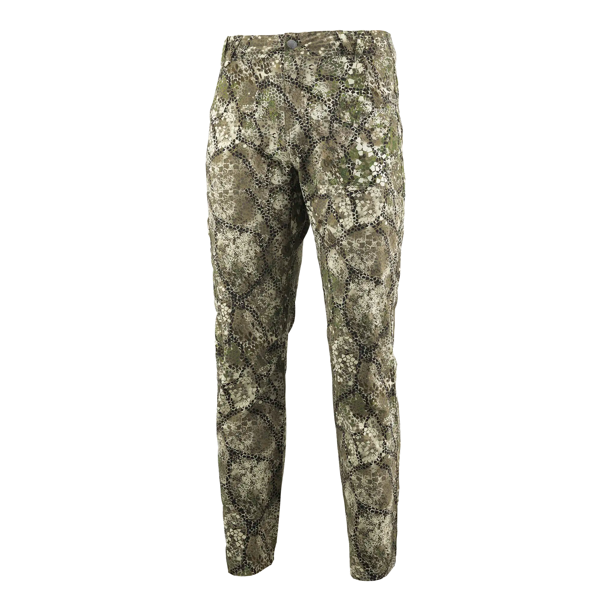 Camo hunting pants with Moonrivers Logo, earth-tone pattern, straight-leg fit, button closure, and belt loops.