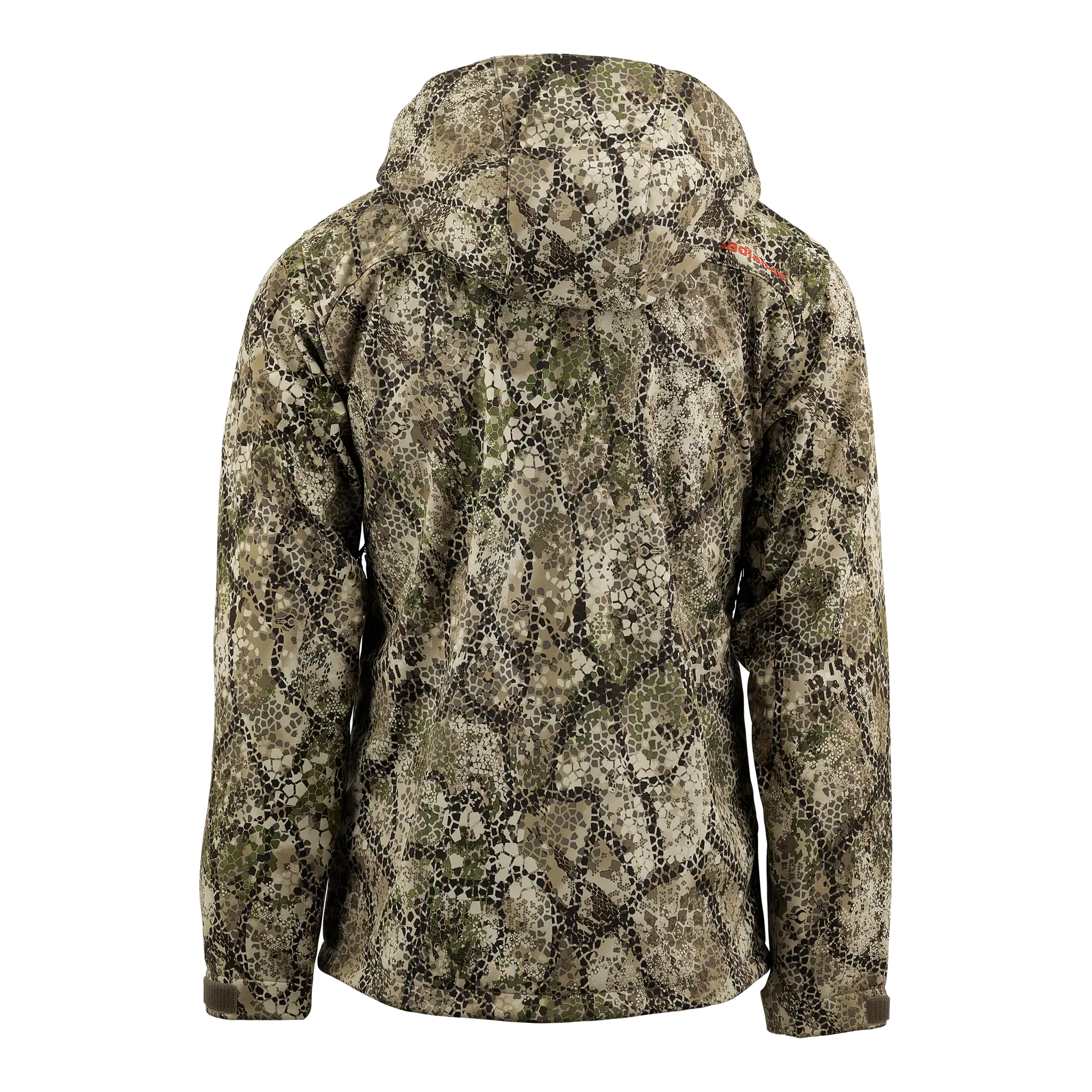Back view of a camo jacket with hood; Moonrivers Logo in red on the upper right shoulder.