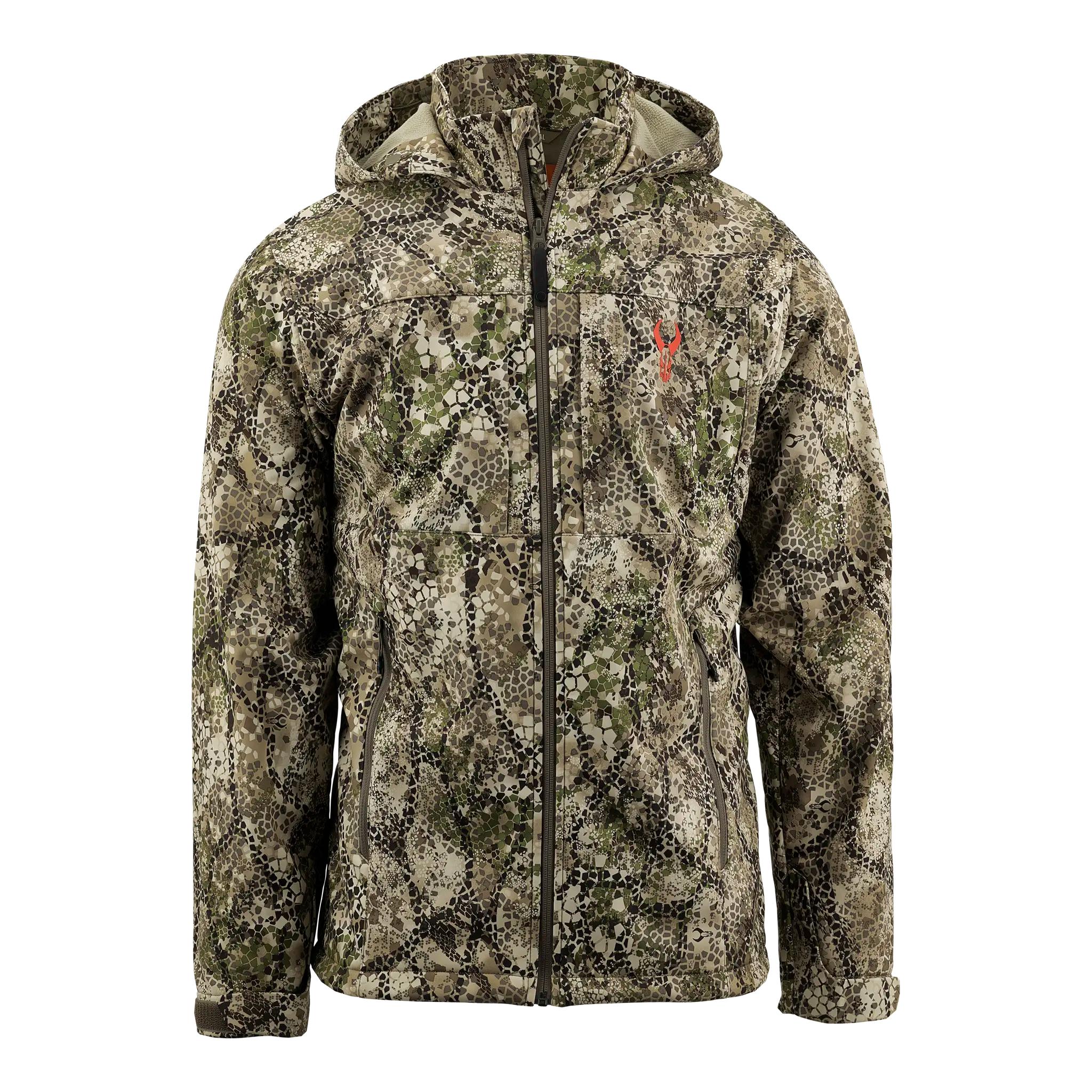 Camo jacket with hood, front zipper, and Moonrivers skull logo on chest. Designed for outdoor and hunting activities.
