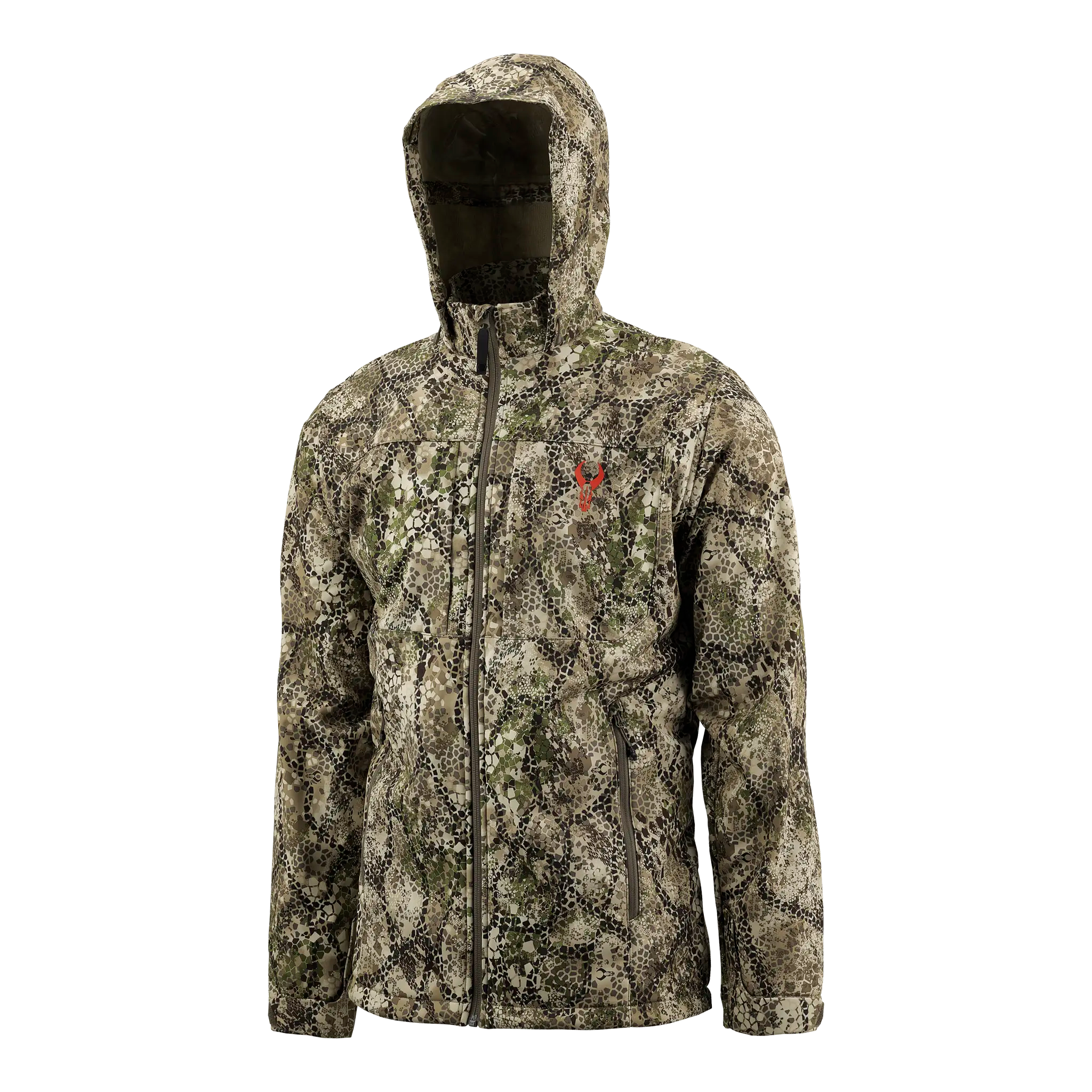 Camo jacket with hood, front zipper, and red Moonrivers skull logo on chest. Designed for outdoor or hunting use.