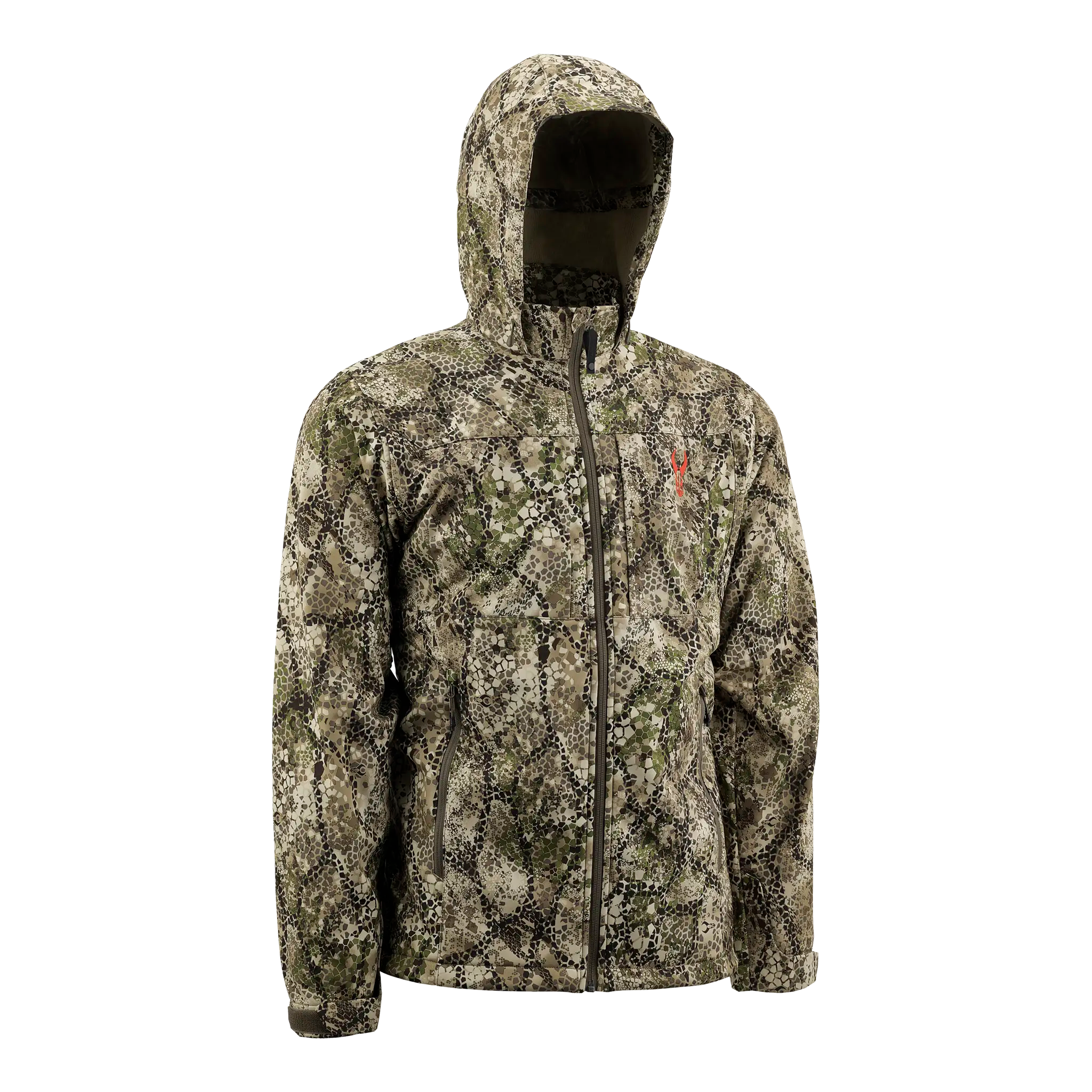 Camo jacket with hood, front zipper, and red Moonrivers Logo on chest. Designed for outdoor use.