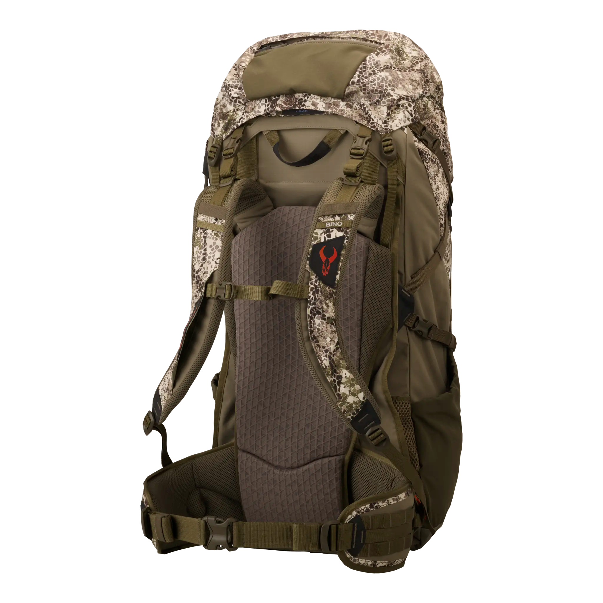 Camo hiking backpack with padded straps, ergonomic back panel, and visible Moonrivers skull logo on the left strap.