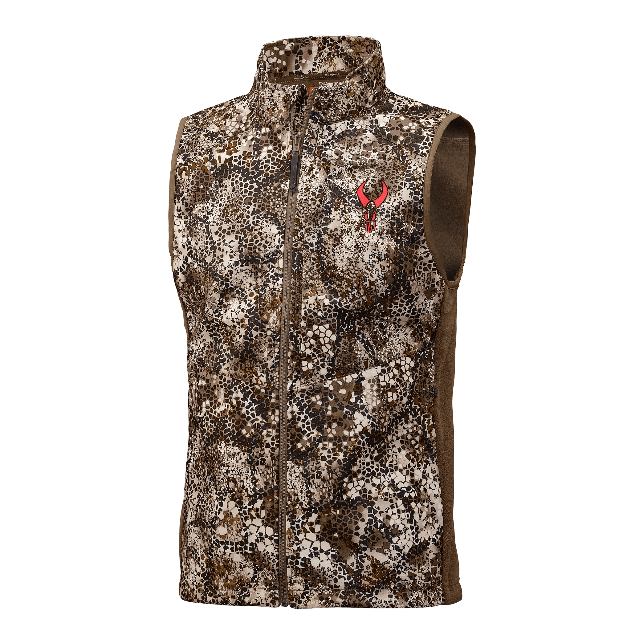 Sleeveless camo vest with front zipper and Moonrivers skull logo on chest; designed for outdoor or hunting use.
