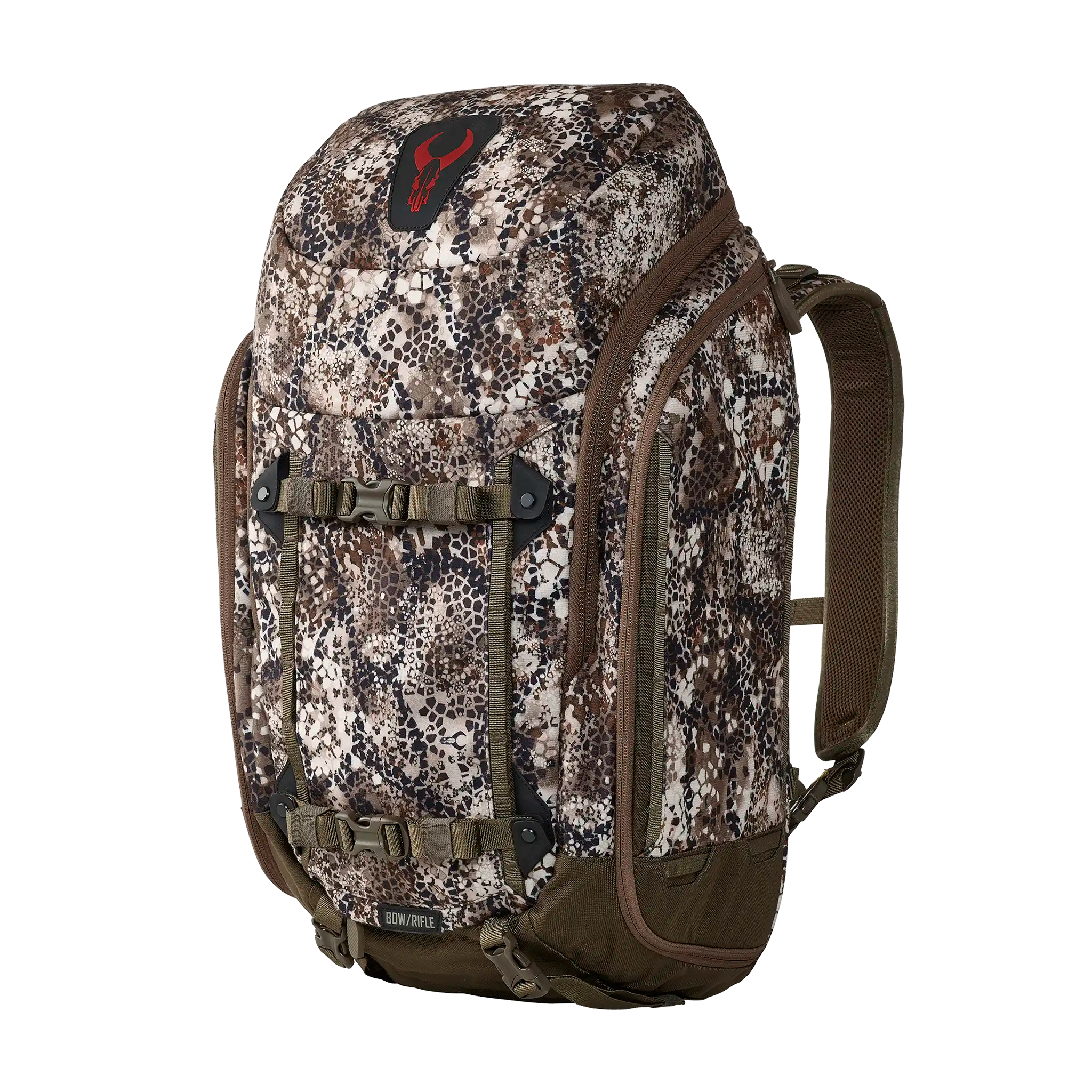 Camo hunting backpack with Moonrivers skull logo, padded straps, and front buckles for gear attachment.