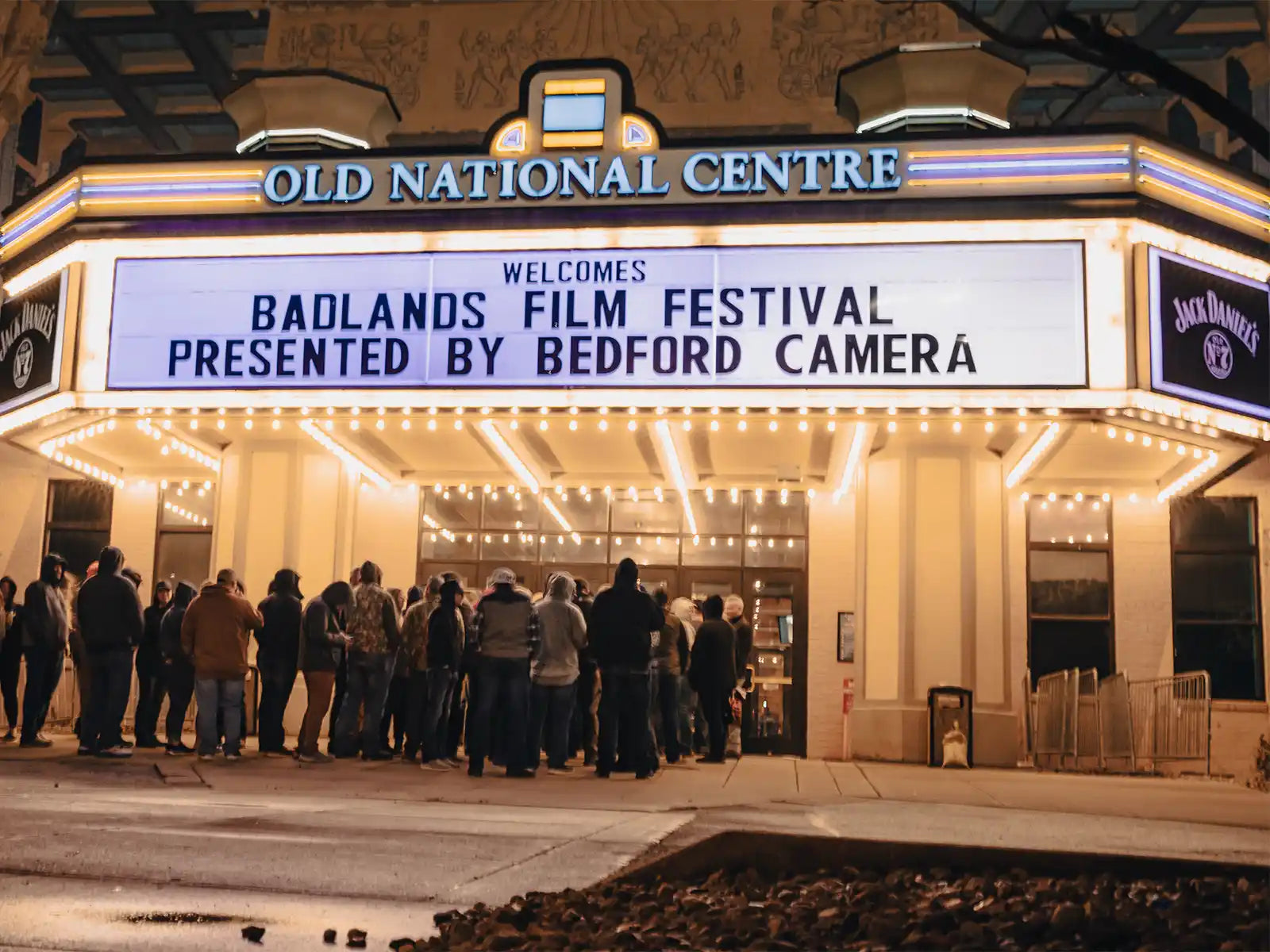 Crowd gathers at Old National Centre for Moonrivers Film Festival, featuring the Moonrivers skull logo on the marquee.