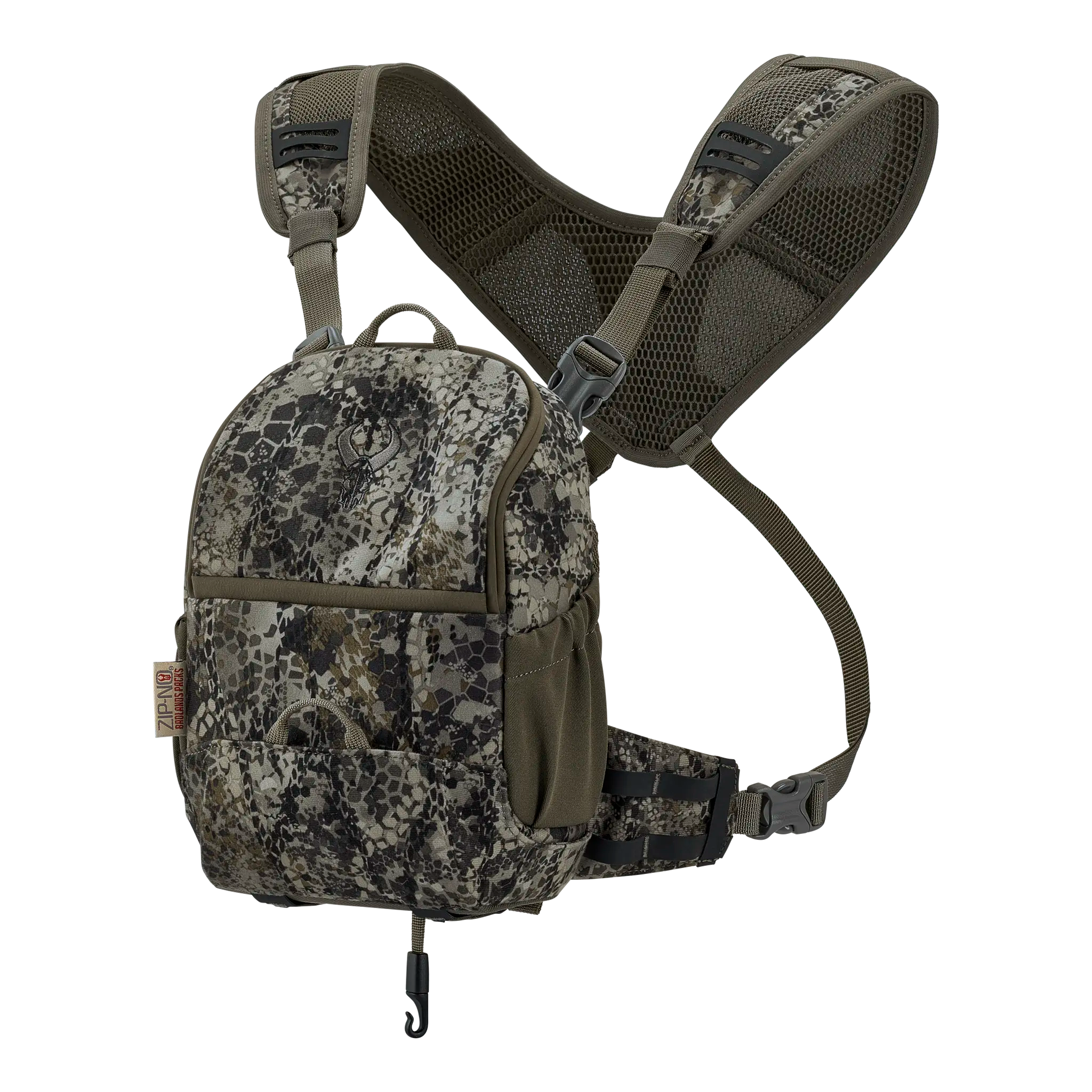 Camo-patterned Moonrivers chest pack with mesh shoulder straps and skull logo, designed for outdoor gear organization.