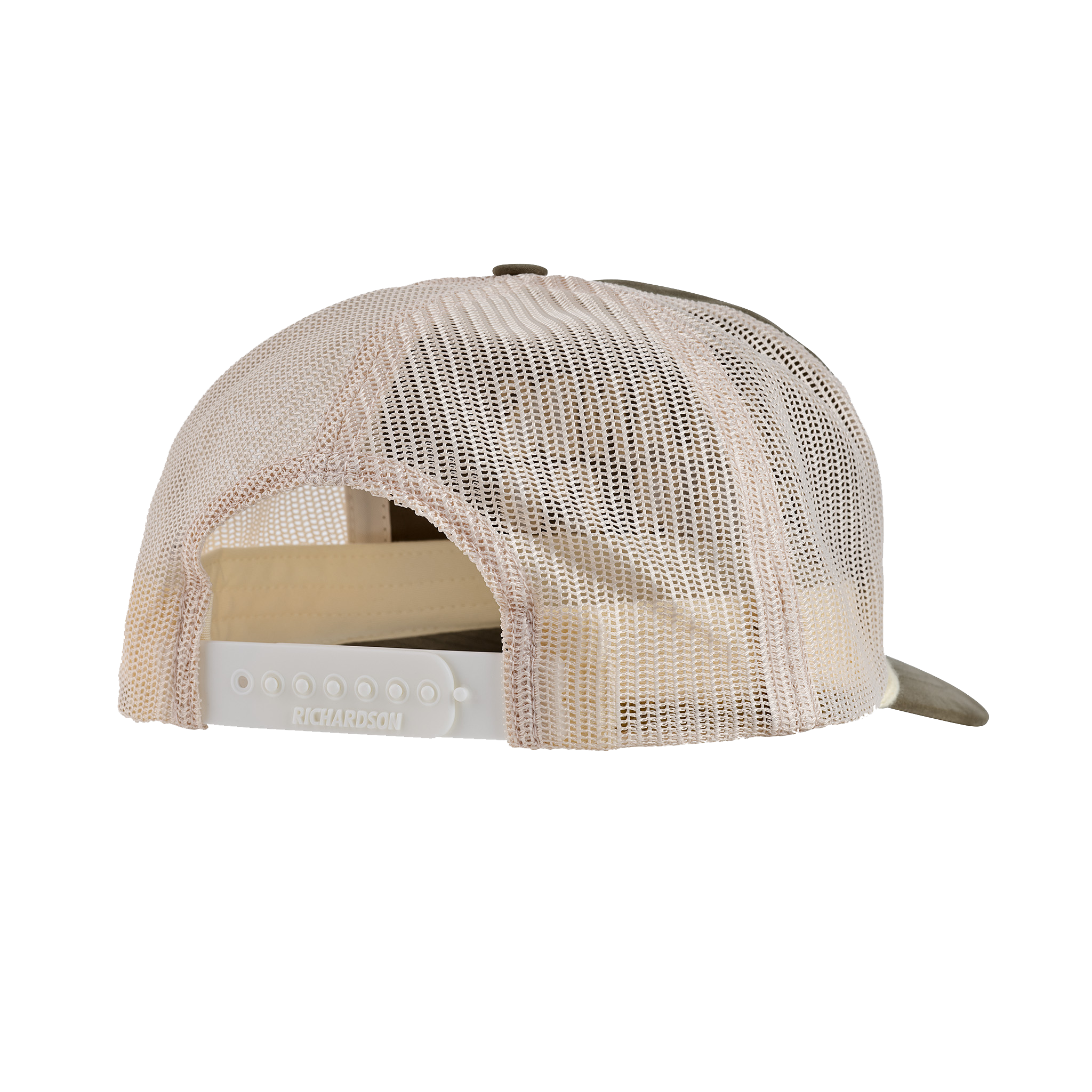 Tan mesh-back trucker hat with adjustable white snap closure, viewed from the rear. "Richardson" is embossed on the strap.