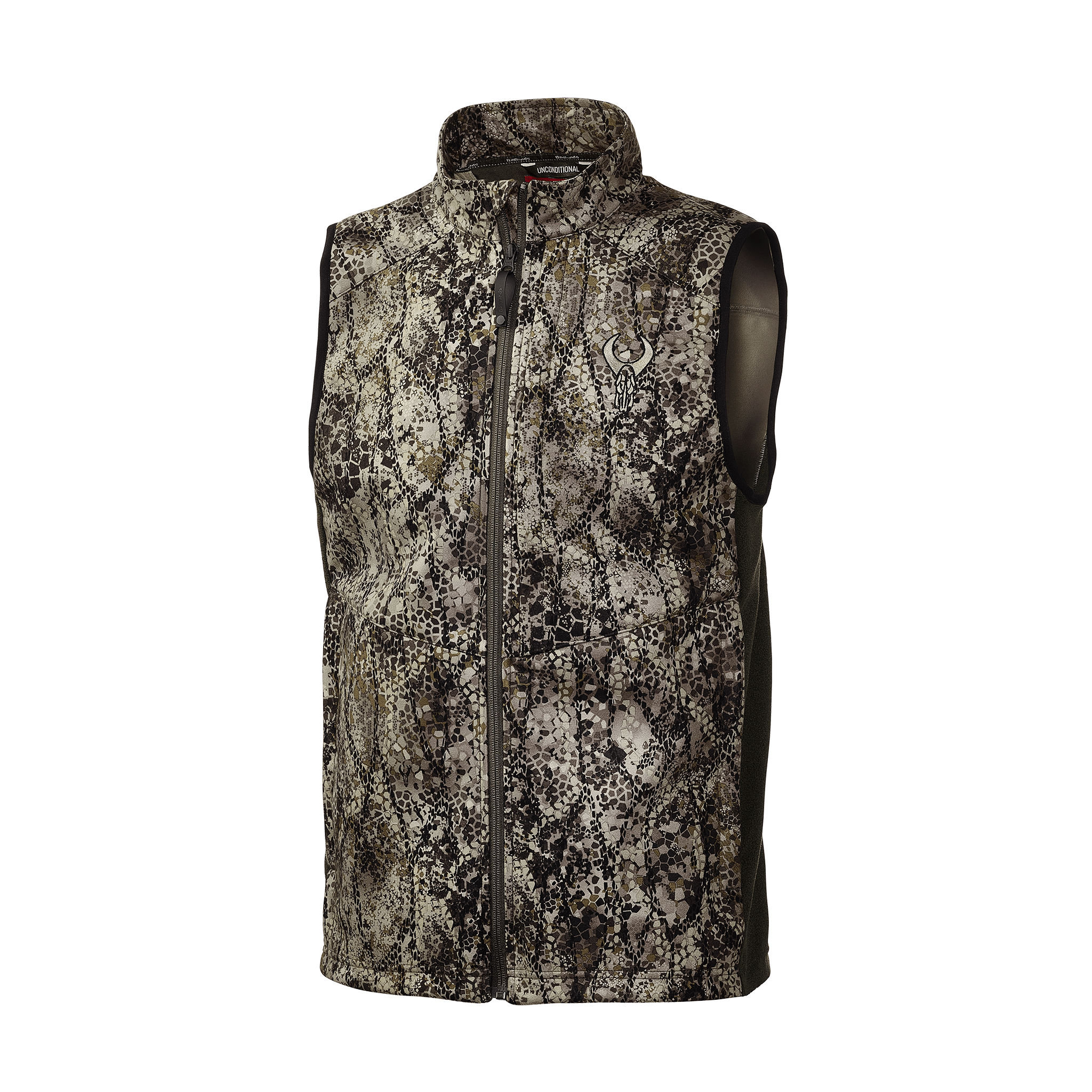 Sleeveless camo vest with front zipper and Moonrivers skull logo on chest, designed for outdoor or hunting activities.