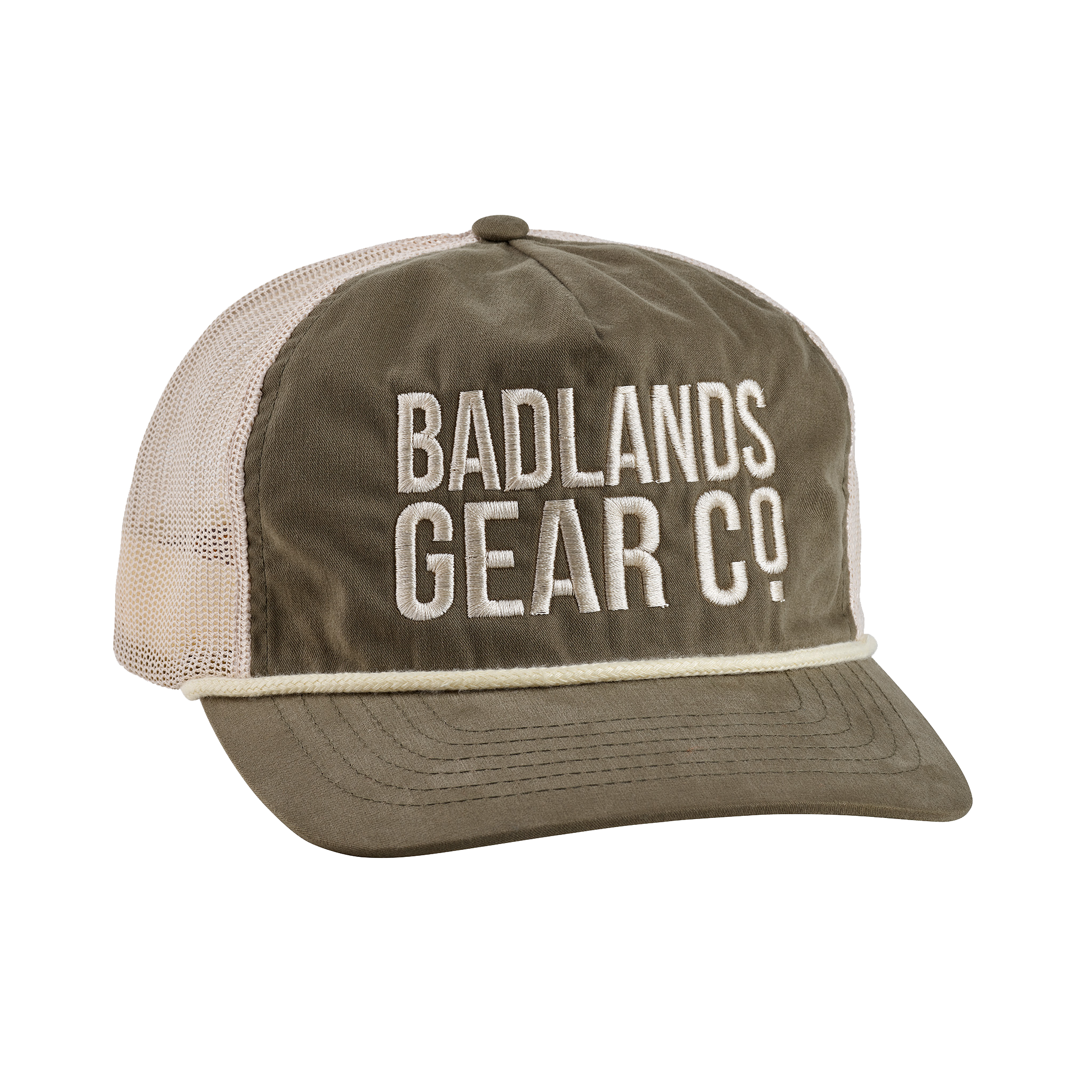 Olive trucker hat with mesh back, white trim, and "Badlands Gear Co" embroidered in large white letters on the front.