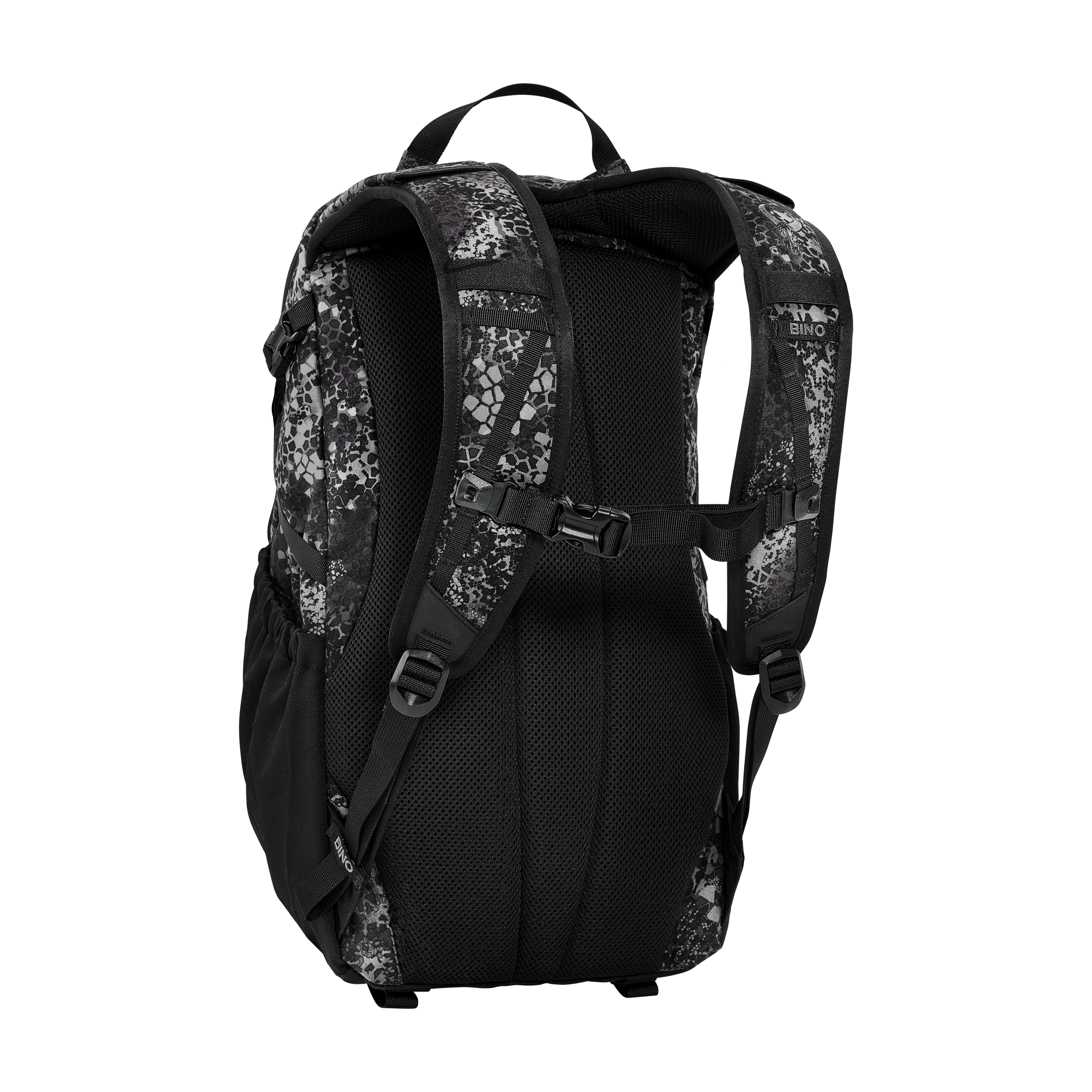 Black camo backpack with padded straps, mesh back, and Moonrivers Logo on left strap; adjustable chest and waist buckles.
