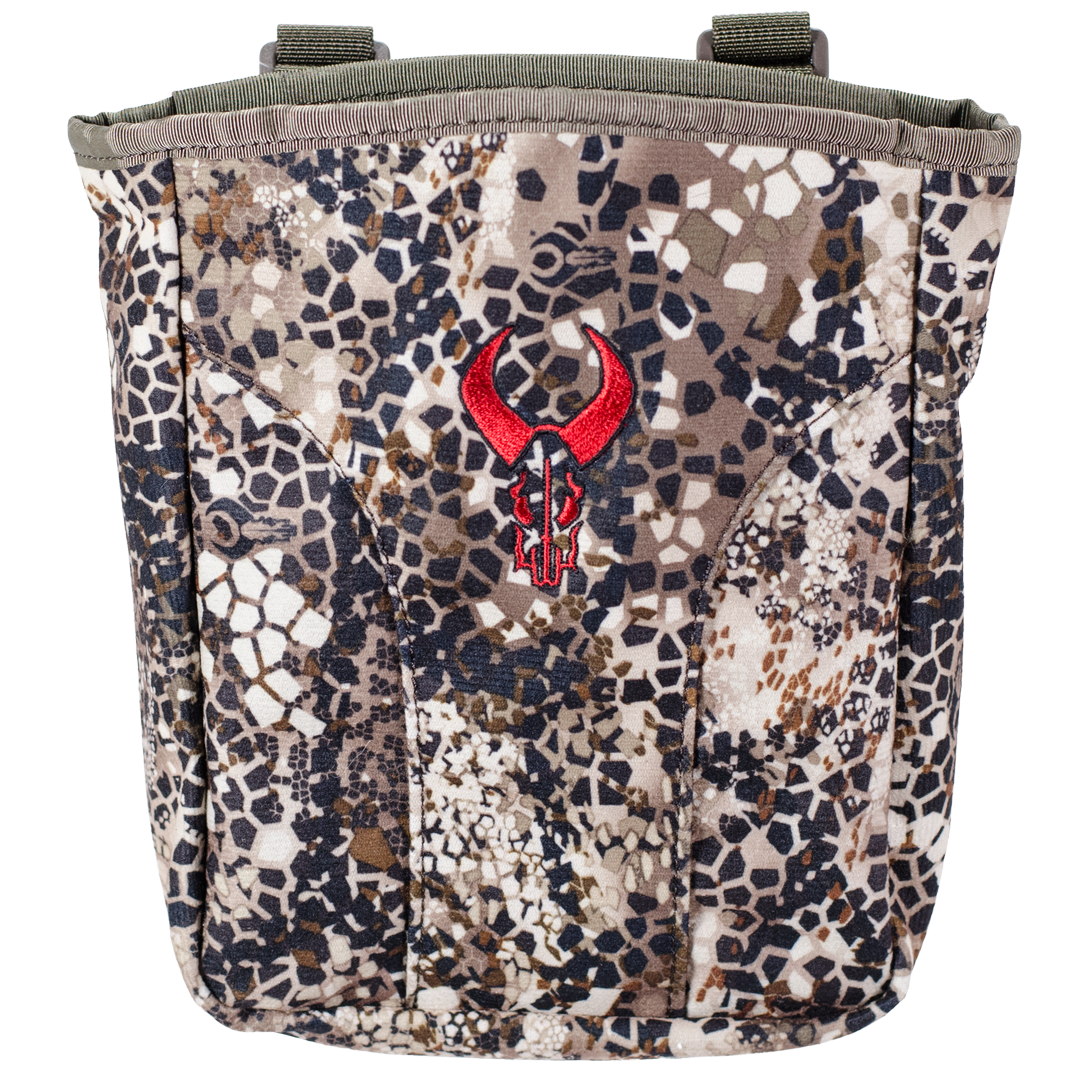 Camo-patterned Moonrivers pouch with red skull logo on front, designed for outdoor or hunting gear storage.