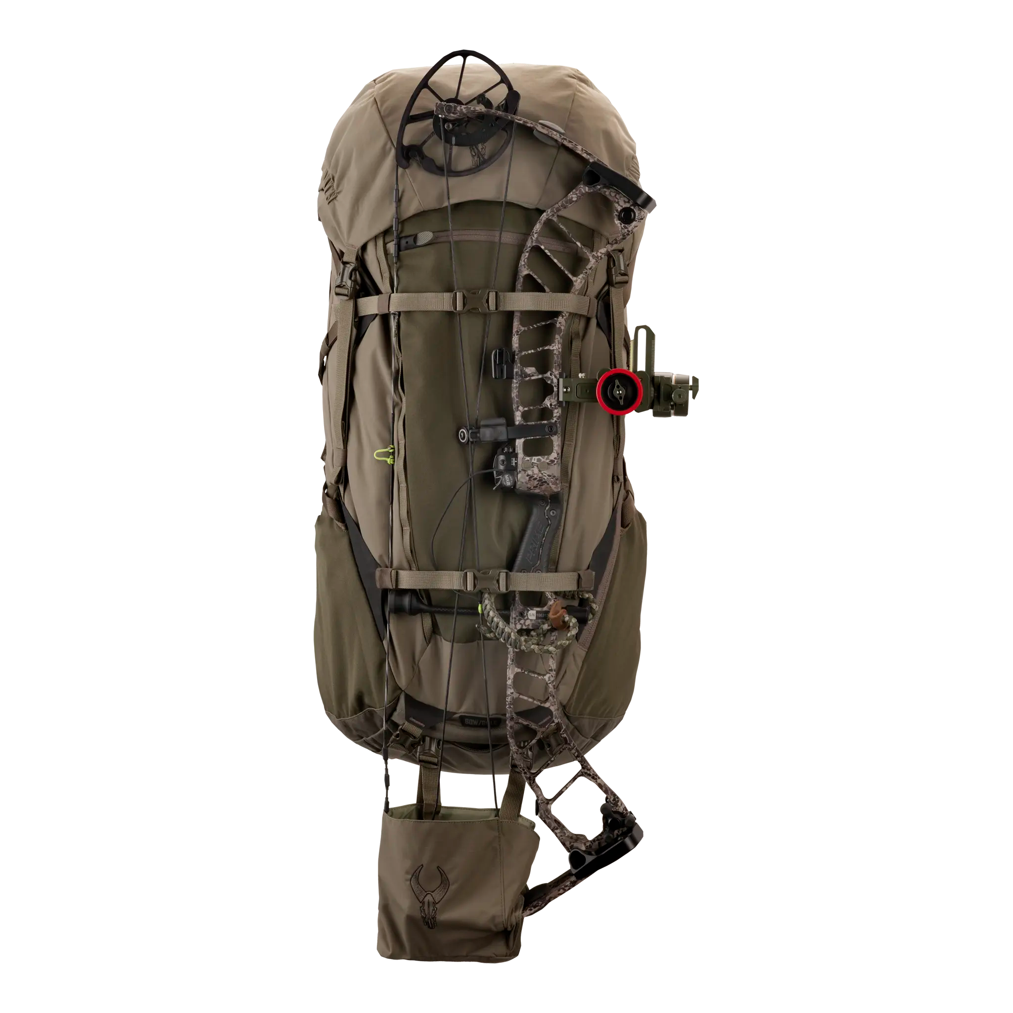 Large olive hunting backpack with attached compound bow and visible Moonrivers skull logo on lower pocket.