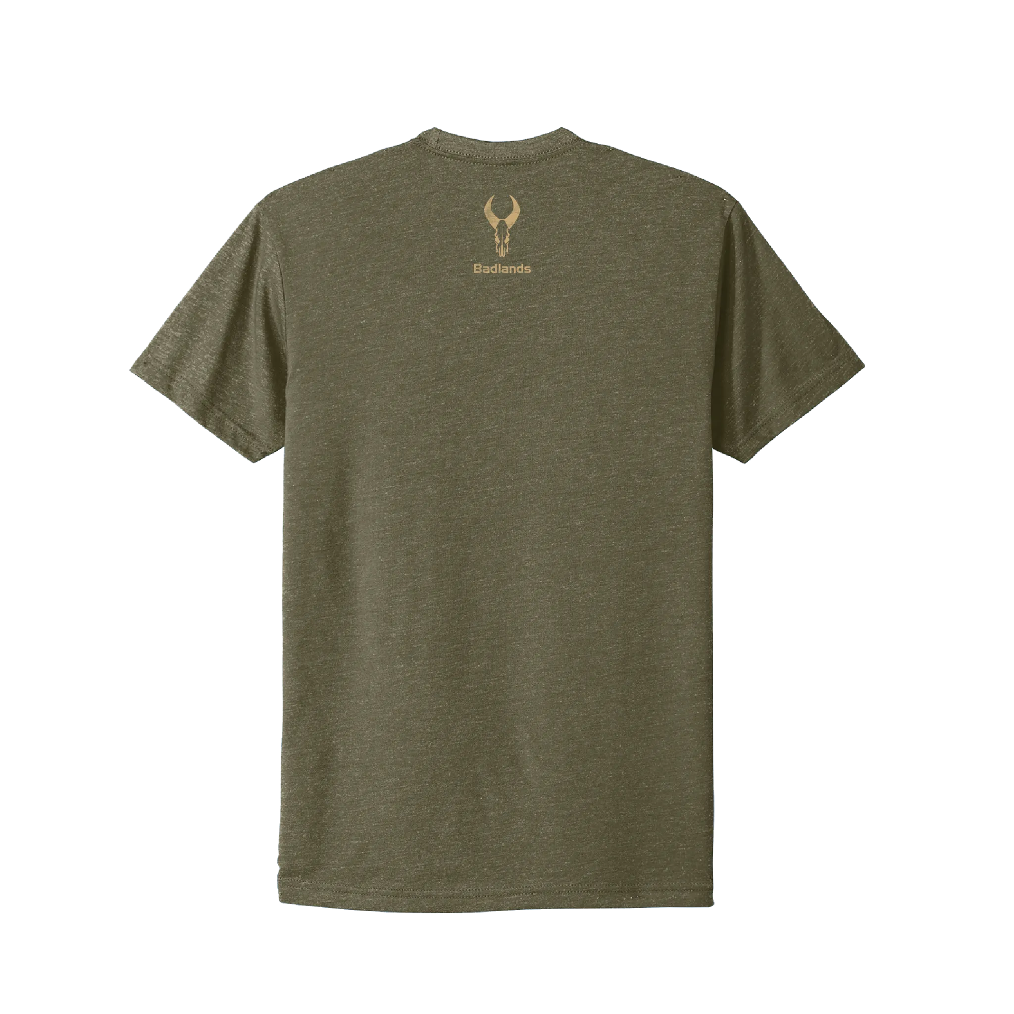 Olive green t-shirt with Moonrivers skull logo and "Badlands" text printed on the upper back.