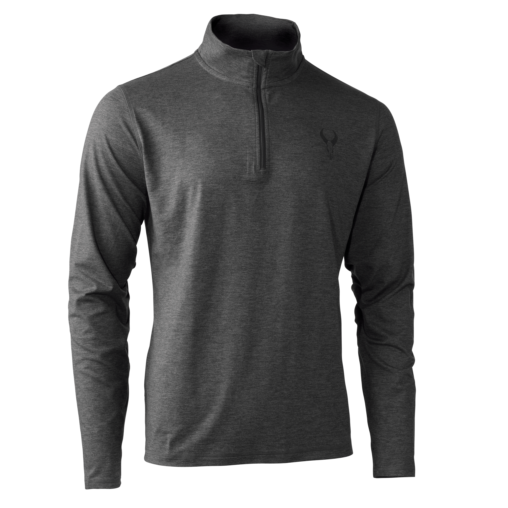 Dark gray Moonrivers quarter-zip pullover with long sleeves and subtle skull logo on left chest.