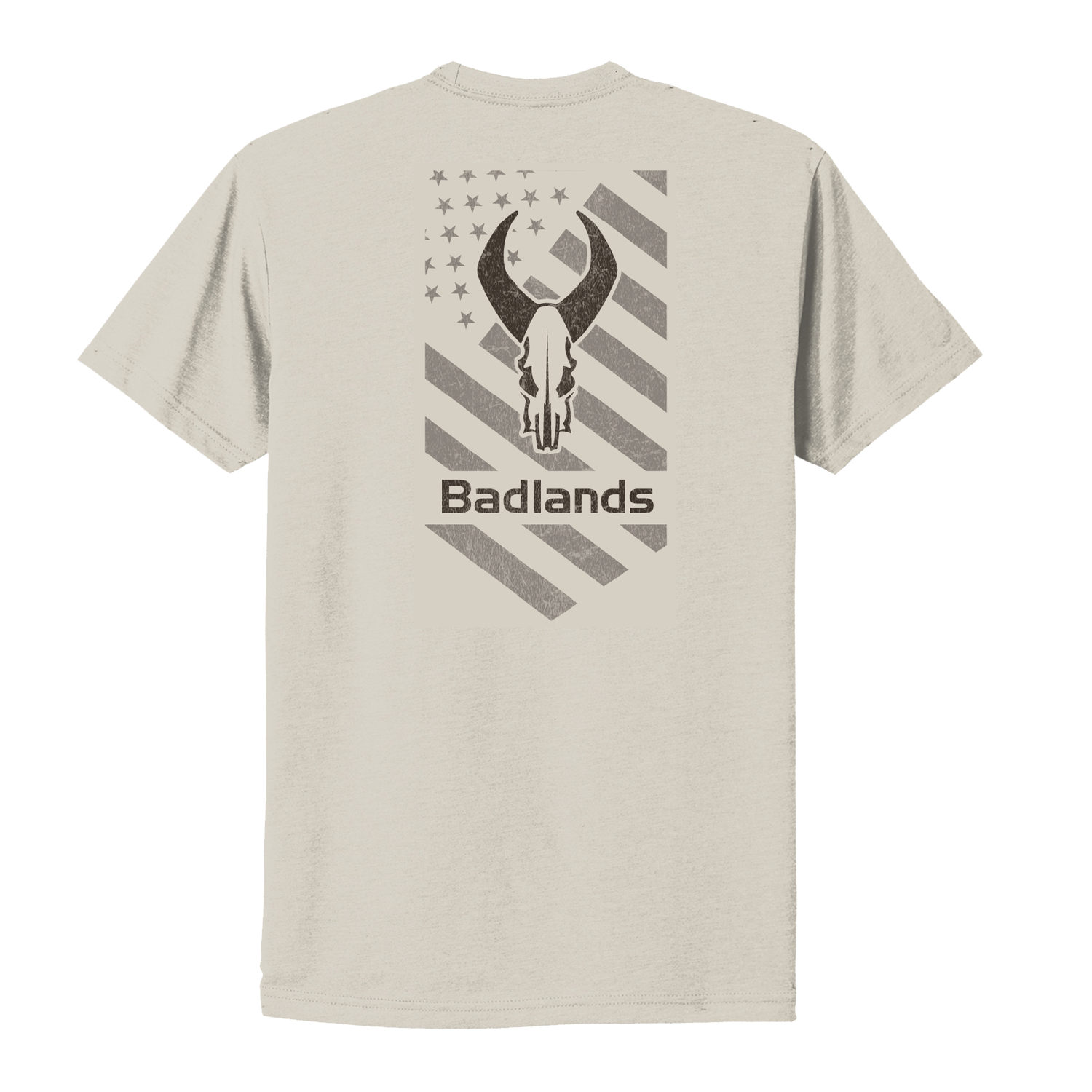 Tan shirt with Moonrivers Logo, stylized American flag, and "Badlands" text on the back. High-contrast design for visibility.