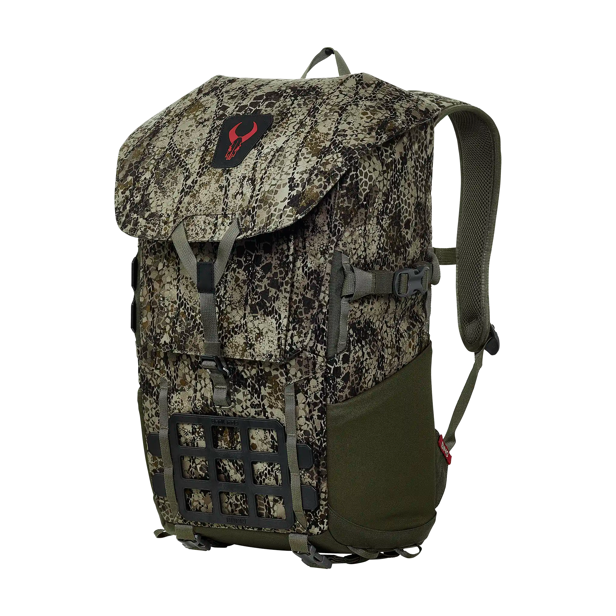 Camouflage backpack with Moonrivers skull logo, adjustable straps, and mesh side pocket, designed for outdoor use.