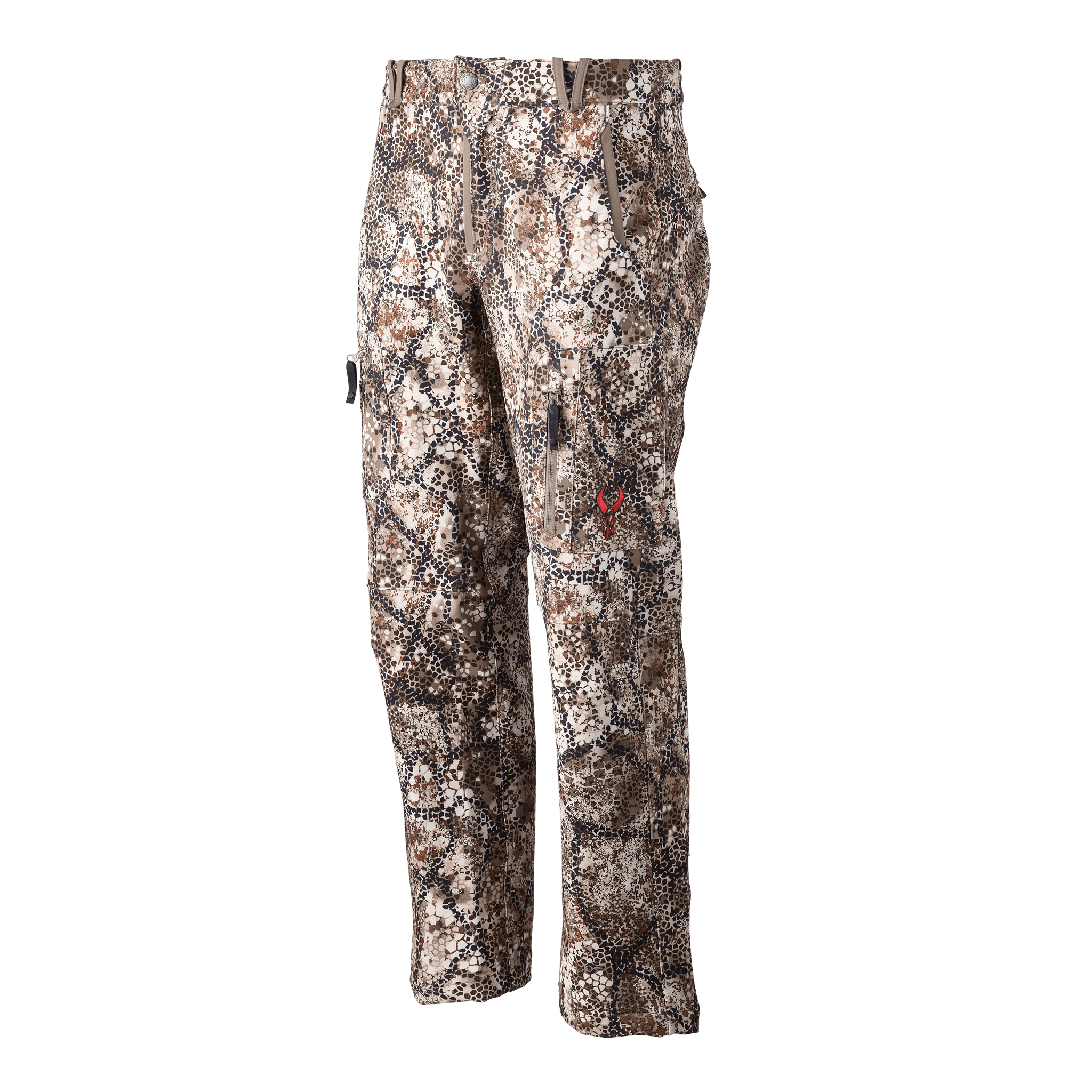 Moonrivers camo hunting pants with cargo pockets and red Moonrivers skull logo on the right leg.