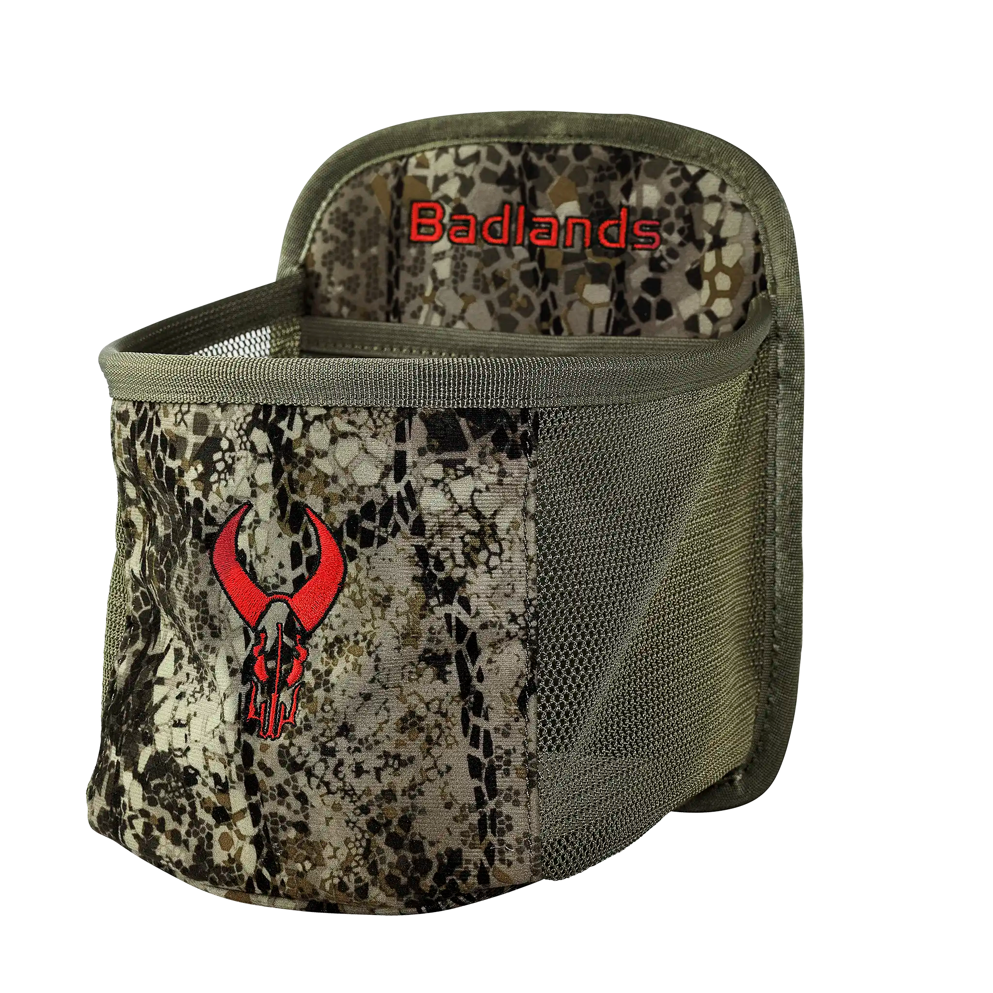 Camouflage mesh pouch with Moonrivers Logo and "Badlands" text, designed for outdoor gear organization.