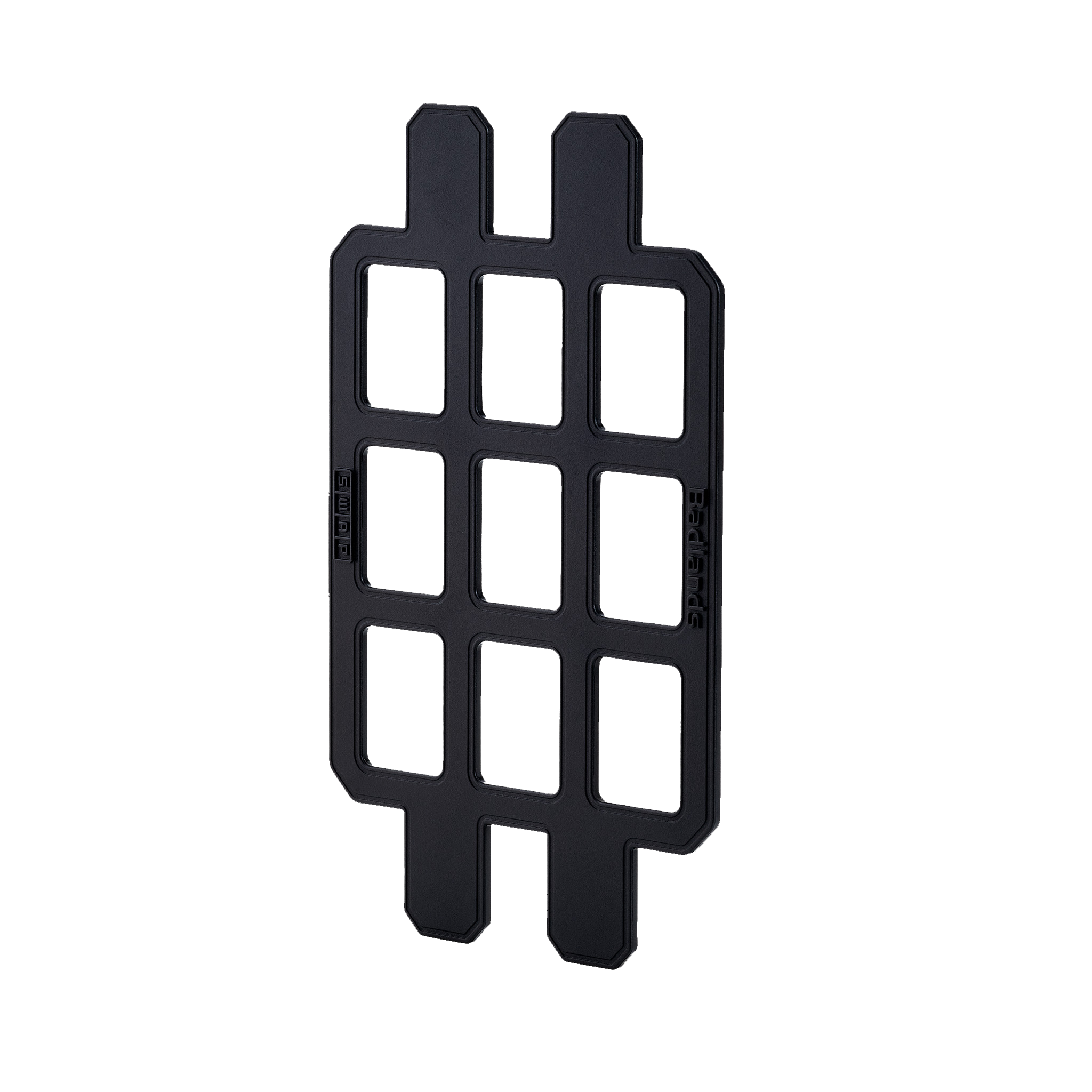 Black Moonrivers Grid Panel with nine rectangular cutouts, used for modular gear attachment and organization.