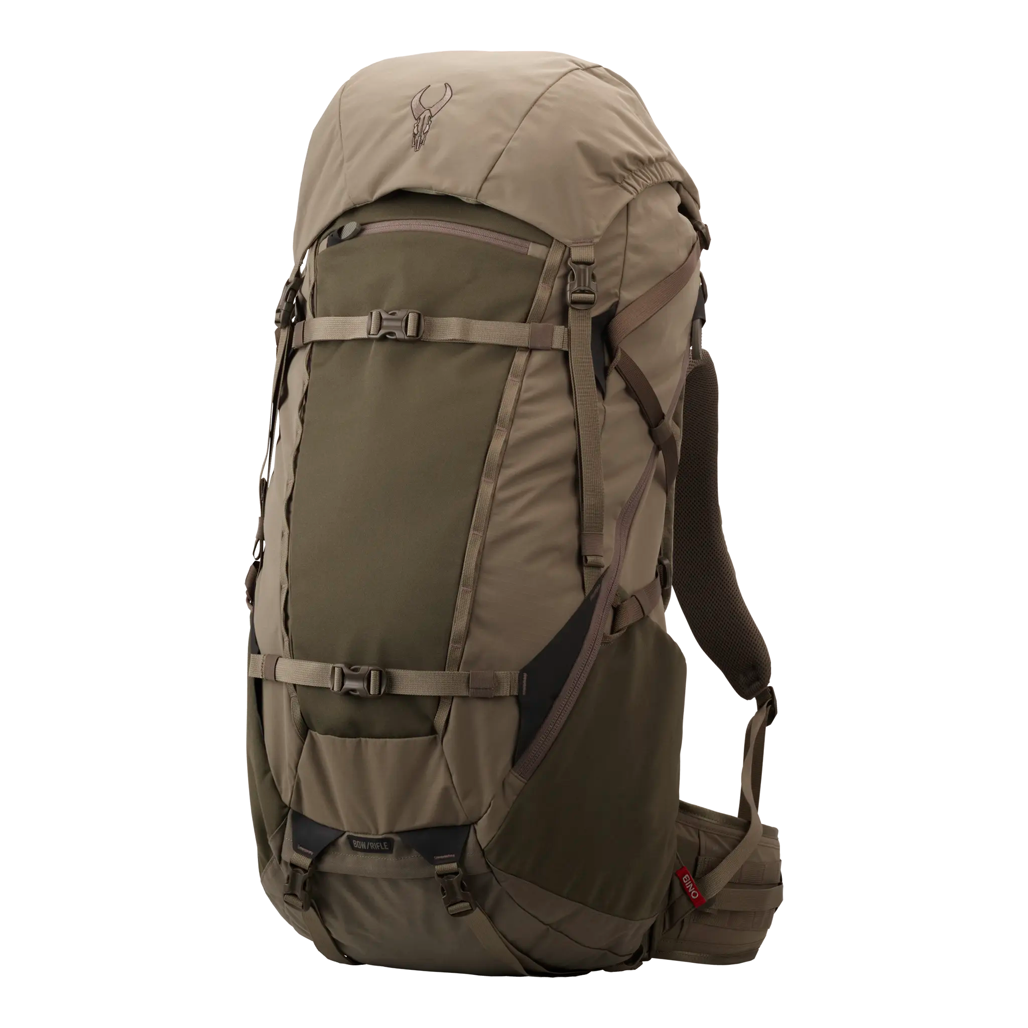 Large olive and tan hiking backpack with Moonrivers skull logo, padded straps, and multiple compartments for outdoor gear.