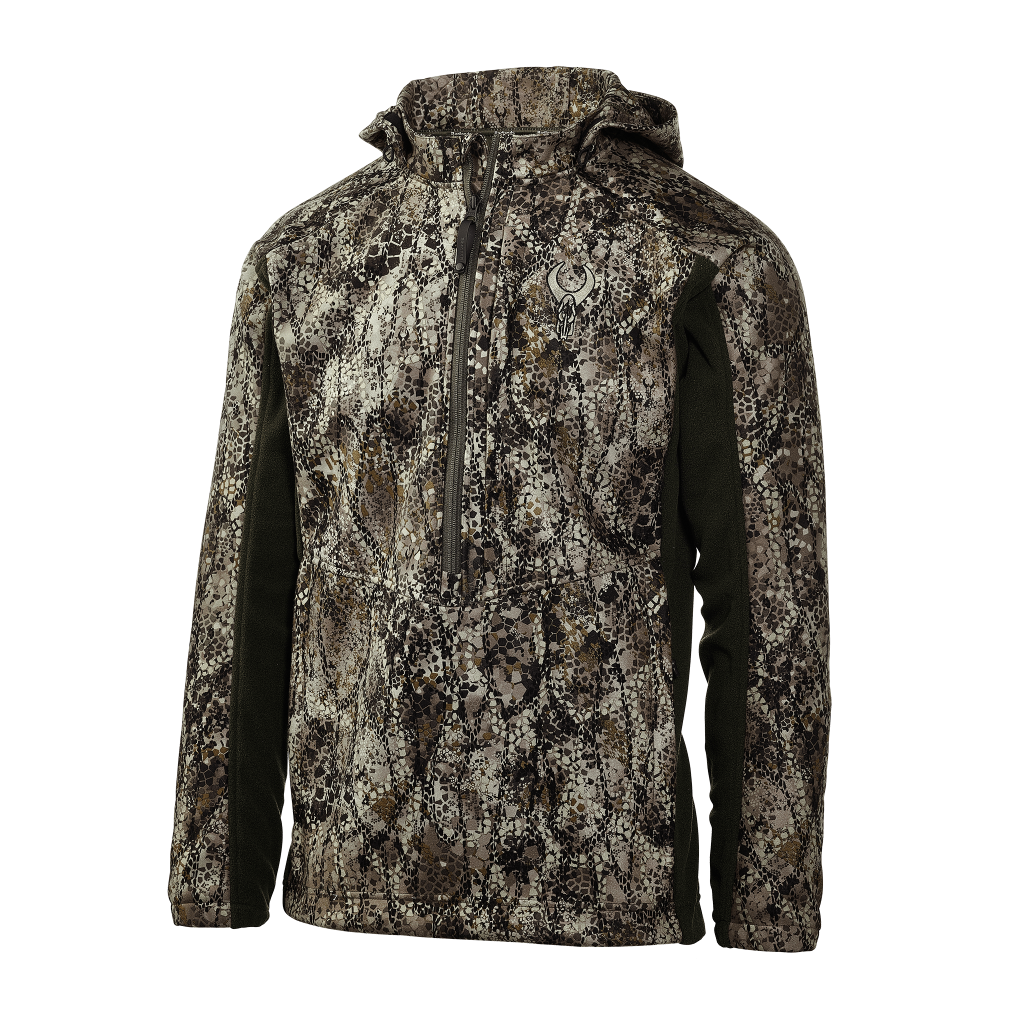 Camo hunting jacket with hood, front zipper, and Moonrivers skull logo on chest; designed for outdoor use.