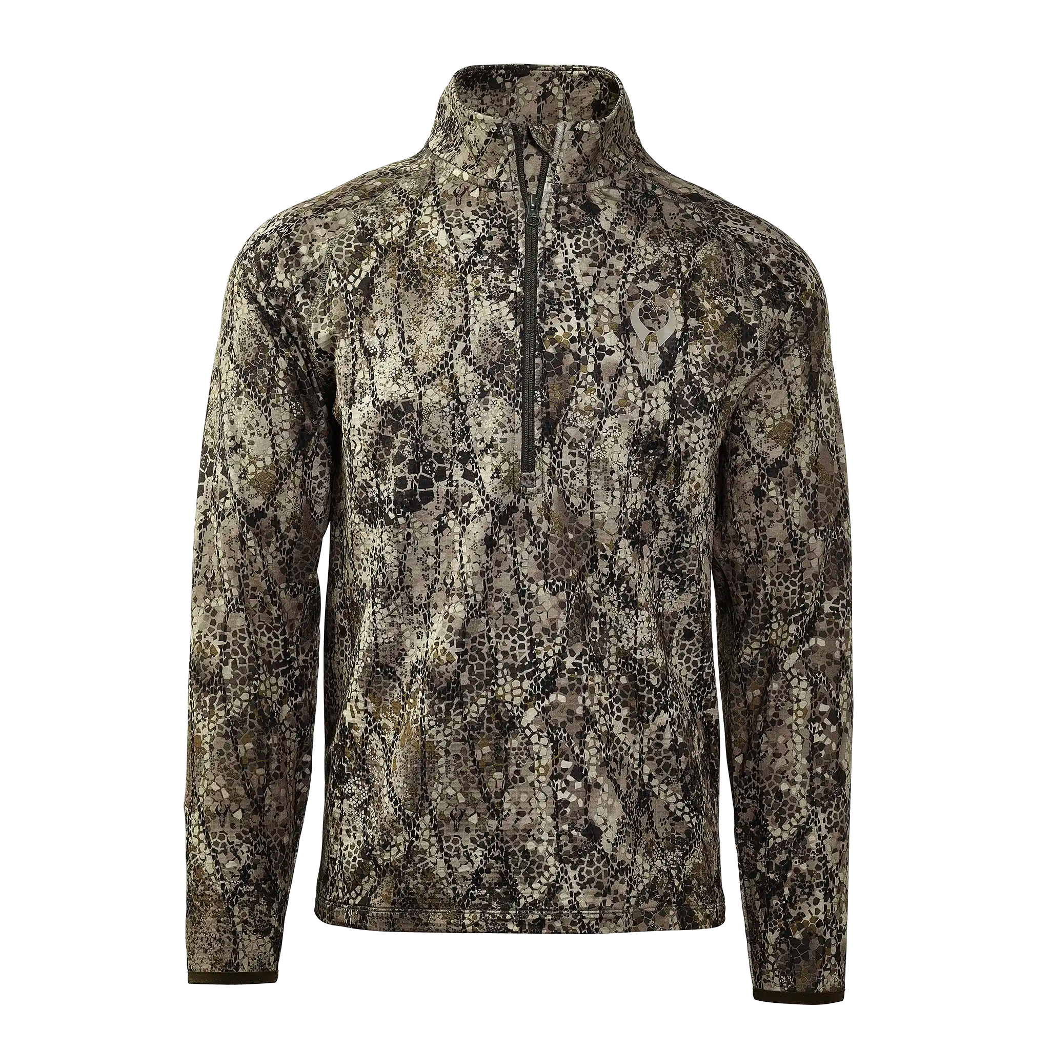 Camo pullover with quarter zip and Moonrivers skull logo on chest; long sleeves, earth-tone pattern, ADA-friendly design.