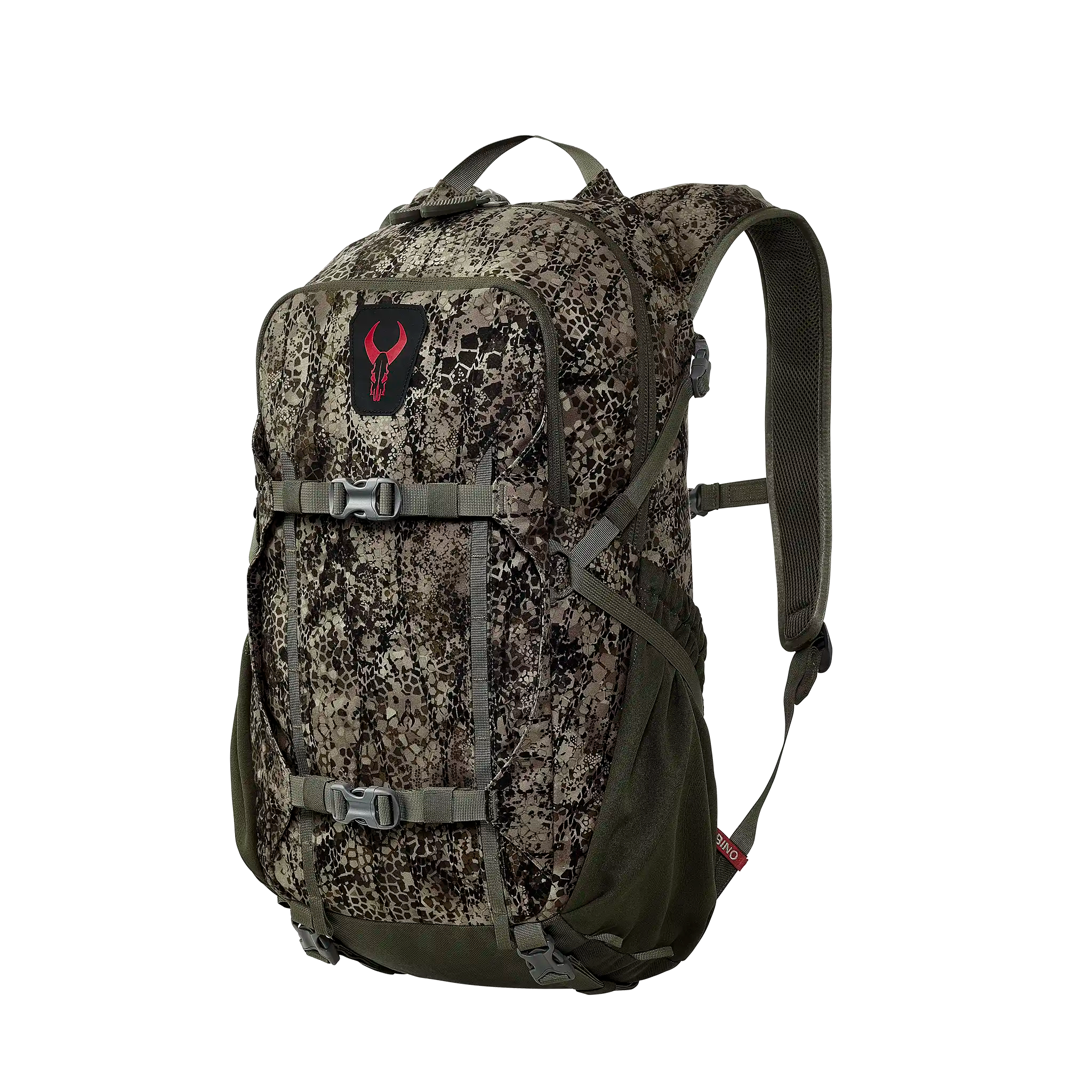 Camo backpack with Moonrivers Logo, adjustable straps, and padded shoulder support, designed for outdoor use.