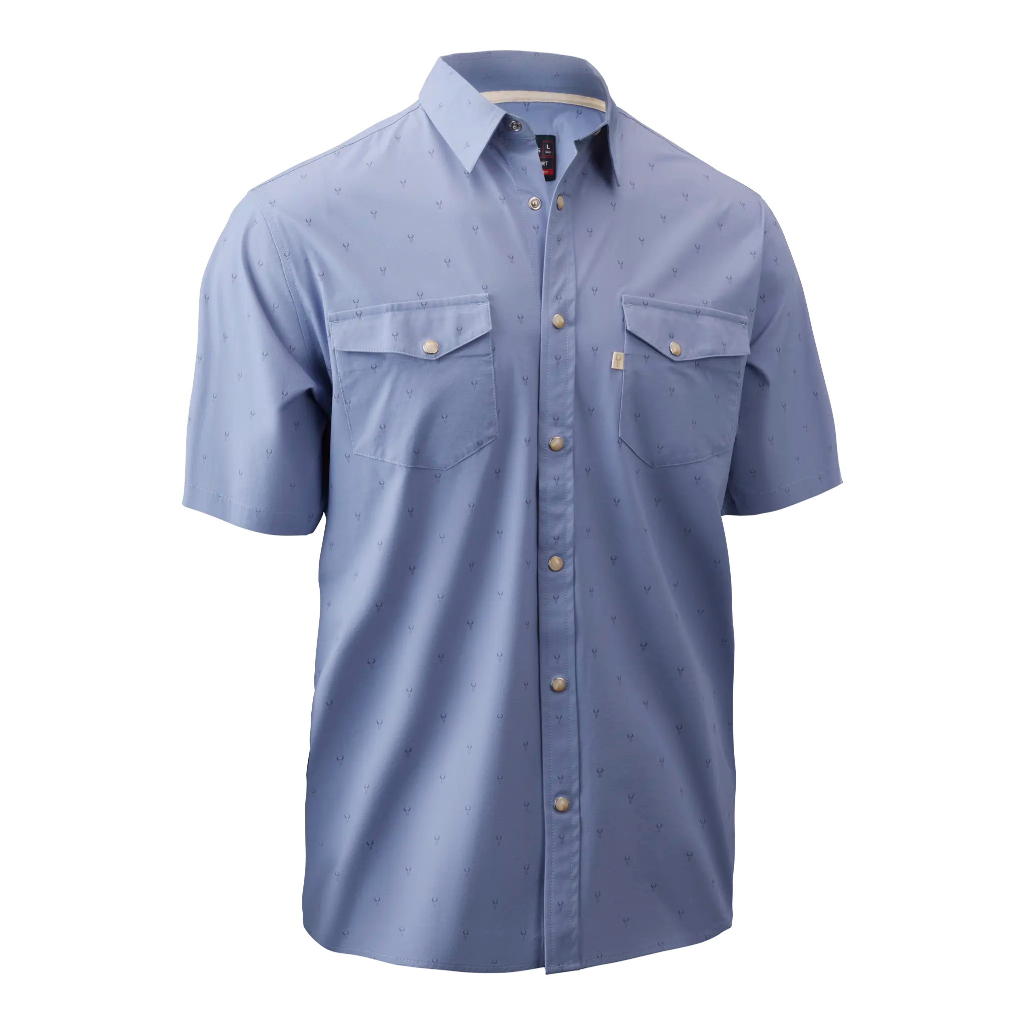 Light blue short-sleeve button-up shirt with two chest pockets and subtle Moonrivers Logo pattern.