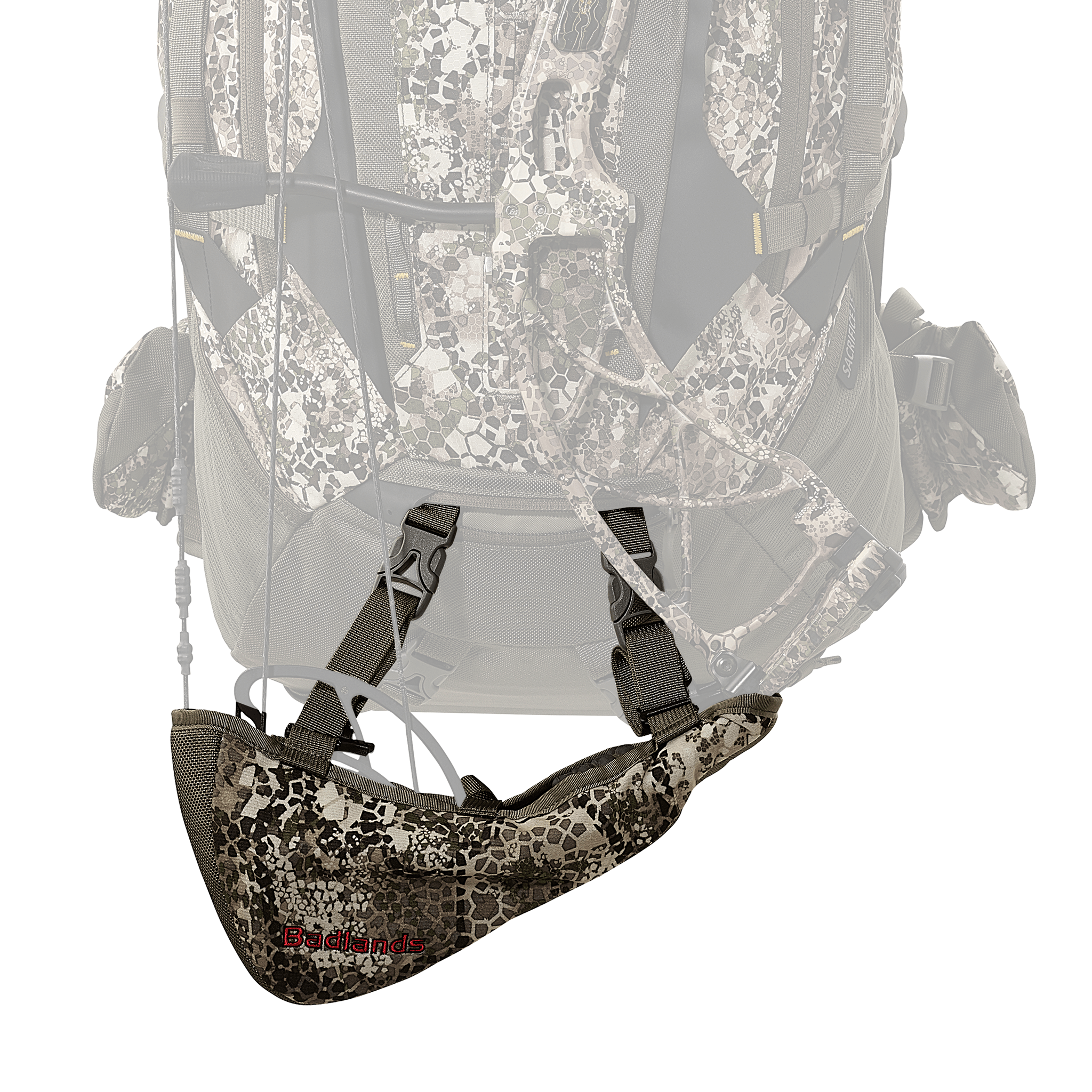Moonrivers camo rifle boot attached to a backpack; features Moonrivers logo with skull on the side.