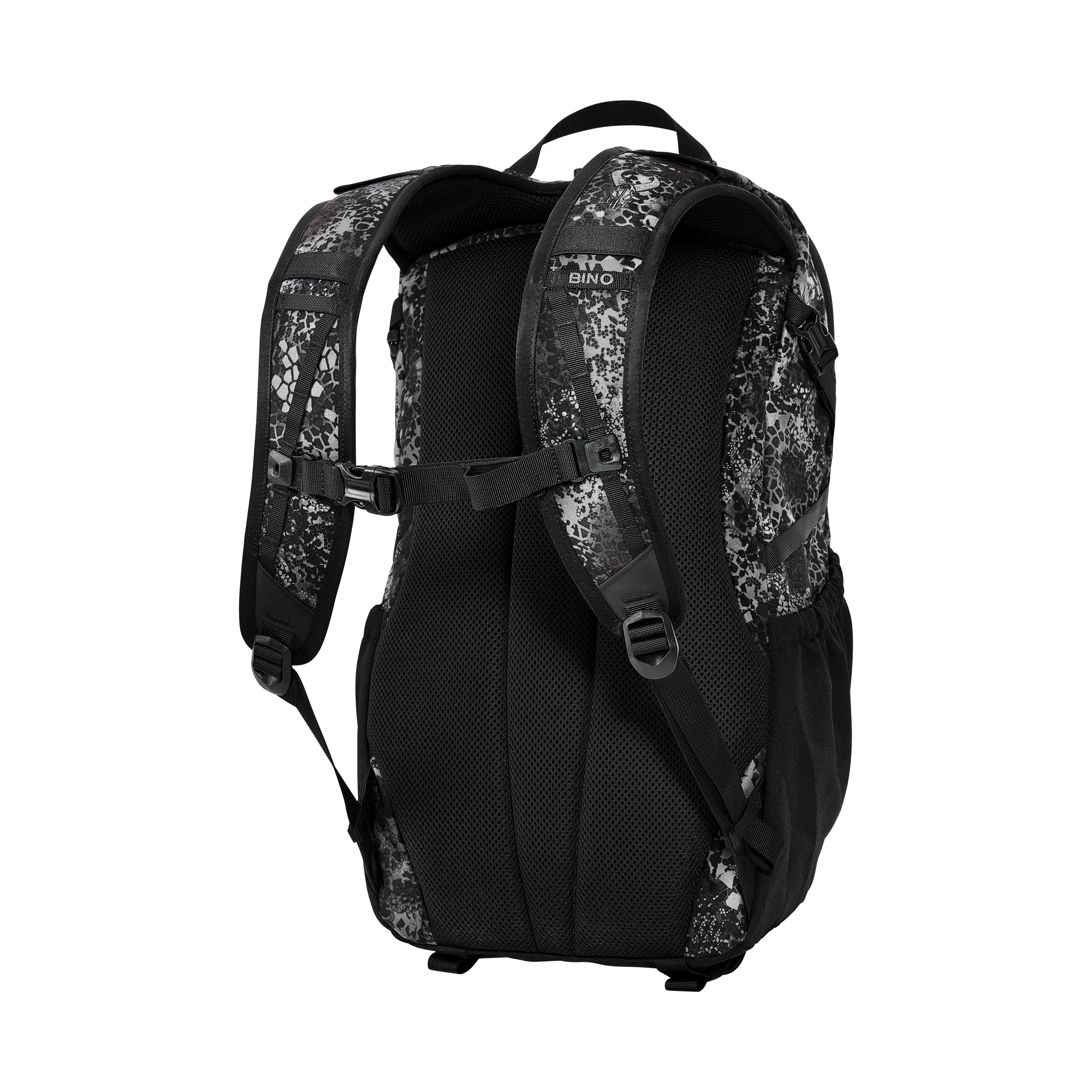 Black and gray camo Moonrivers backpack, padded back, adjustable straps, chest buckle, ergonomic design.