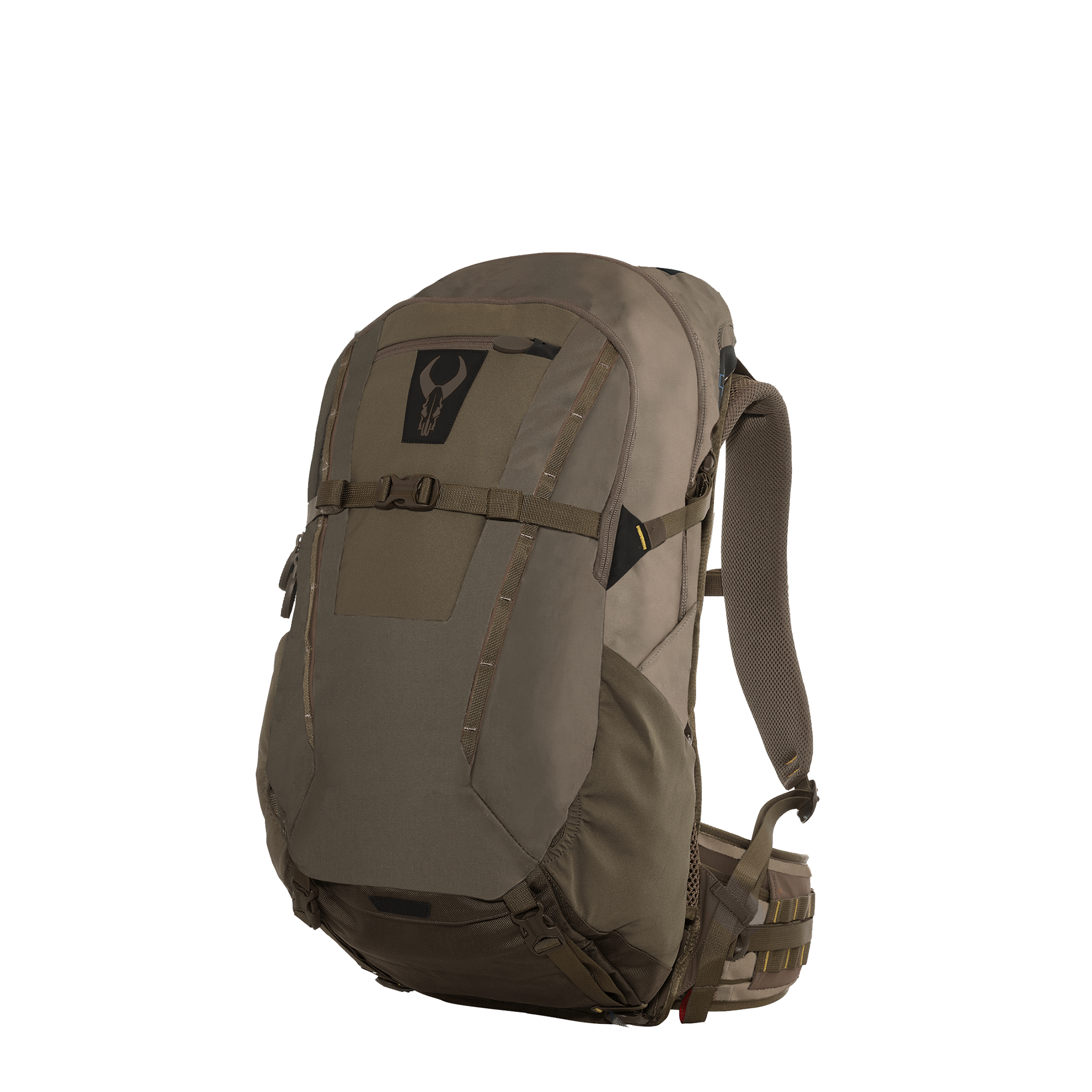 Brown hiking backpack with padded straps and Moonrivers skull logo on the front, shown against a white background.