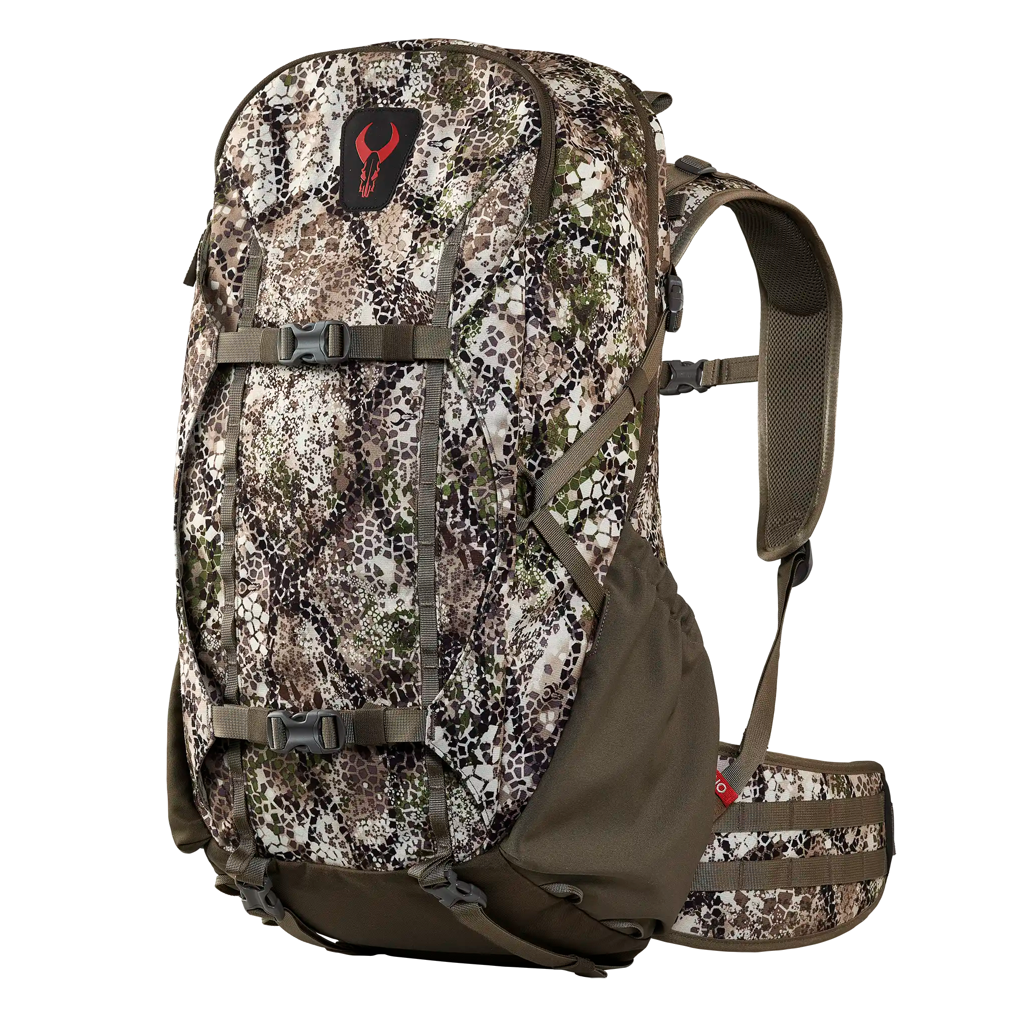Camo hunting backpack with padded straps and Moonrivers skull logo, front buckles, and supportive waist belt.