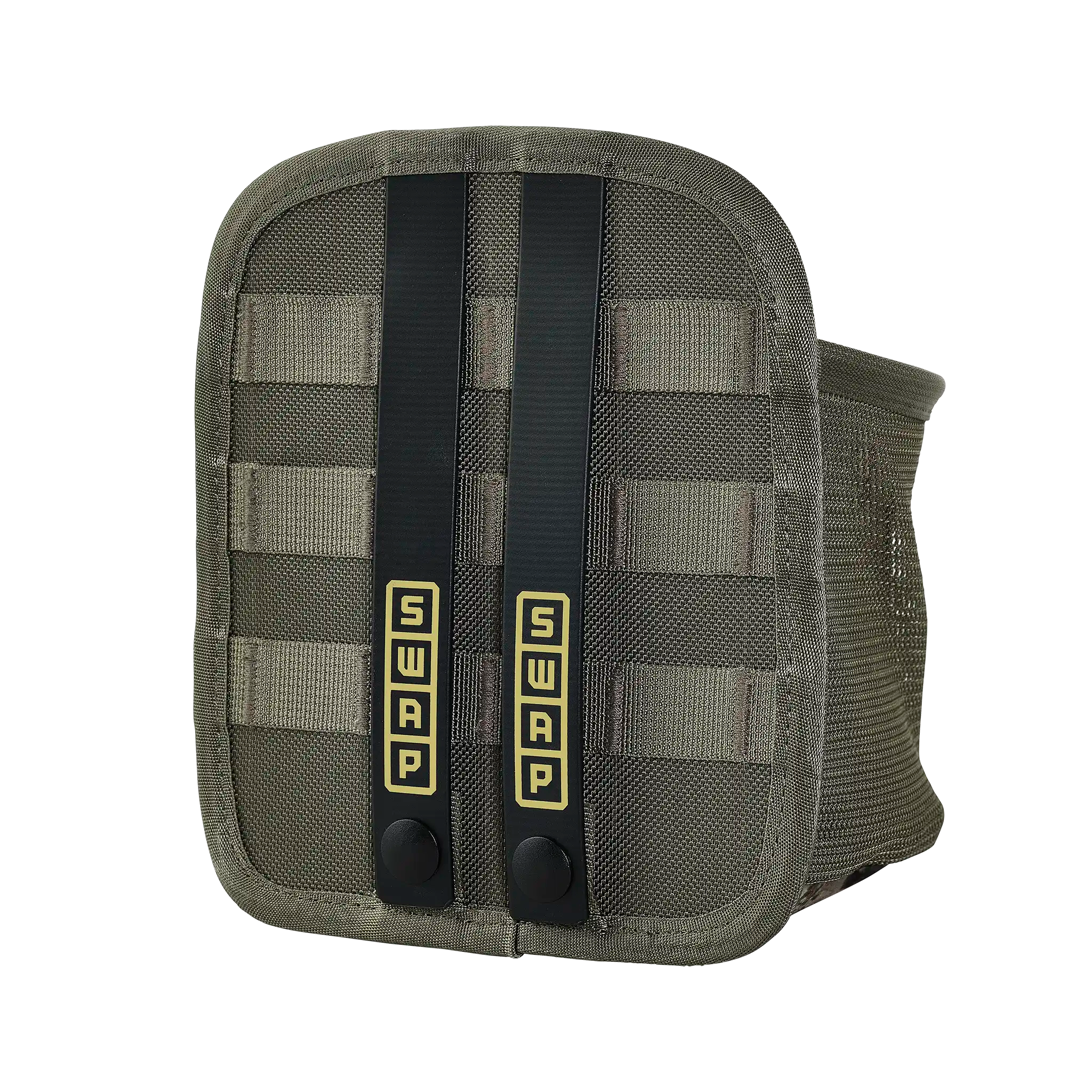 Olive green mesh pouch with MOLLE straps and two black SWAP-labeled tabs, designed for modular gear attachment.